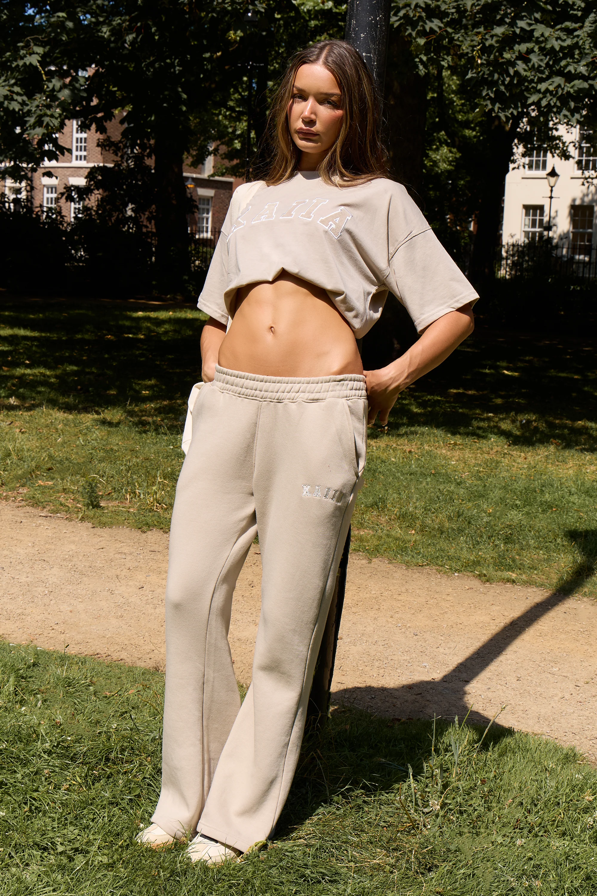 Kaiia Logo Wide Leg Sweat Pants in Stone - Image 9
