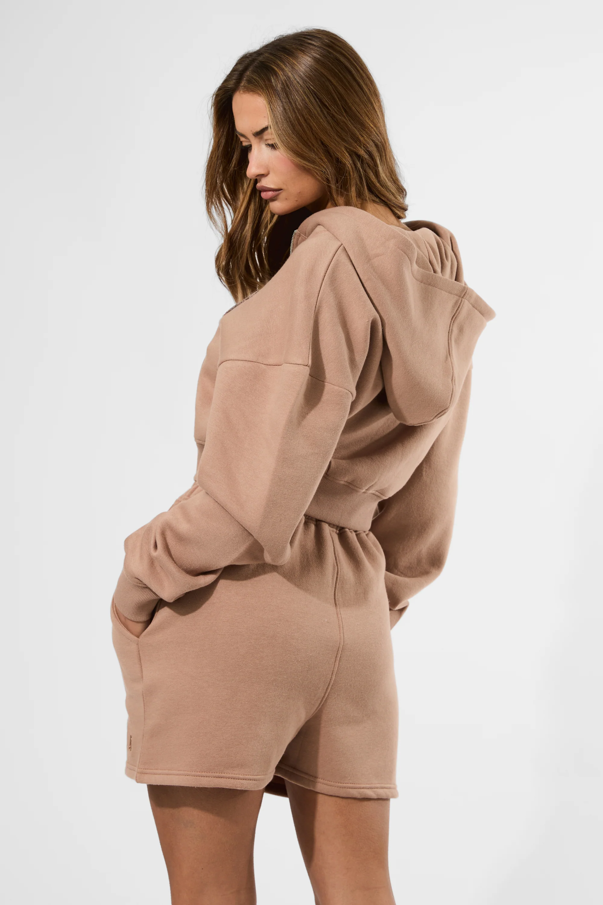 Kaiia Slogan Zip Through Cropped Hoodie Latte - Image 2