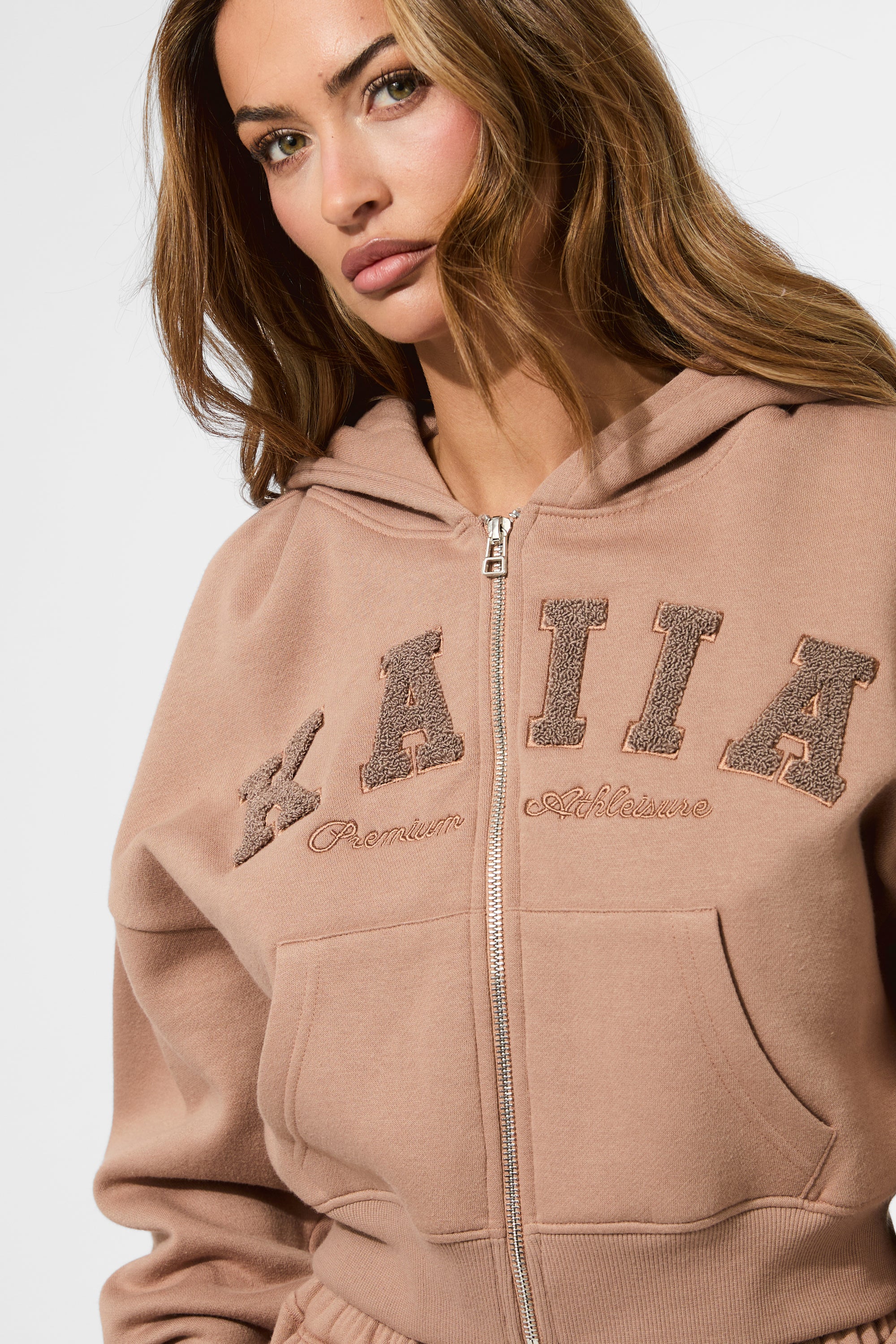 Kaiia Slogan Zip Through Cropped Hoodie Latte - Image 3
