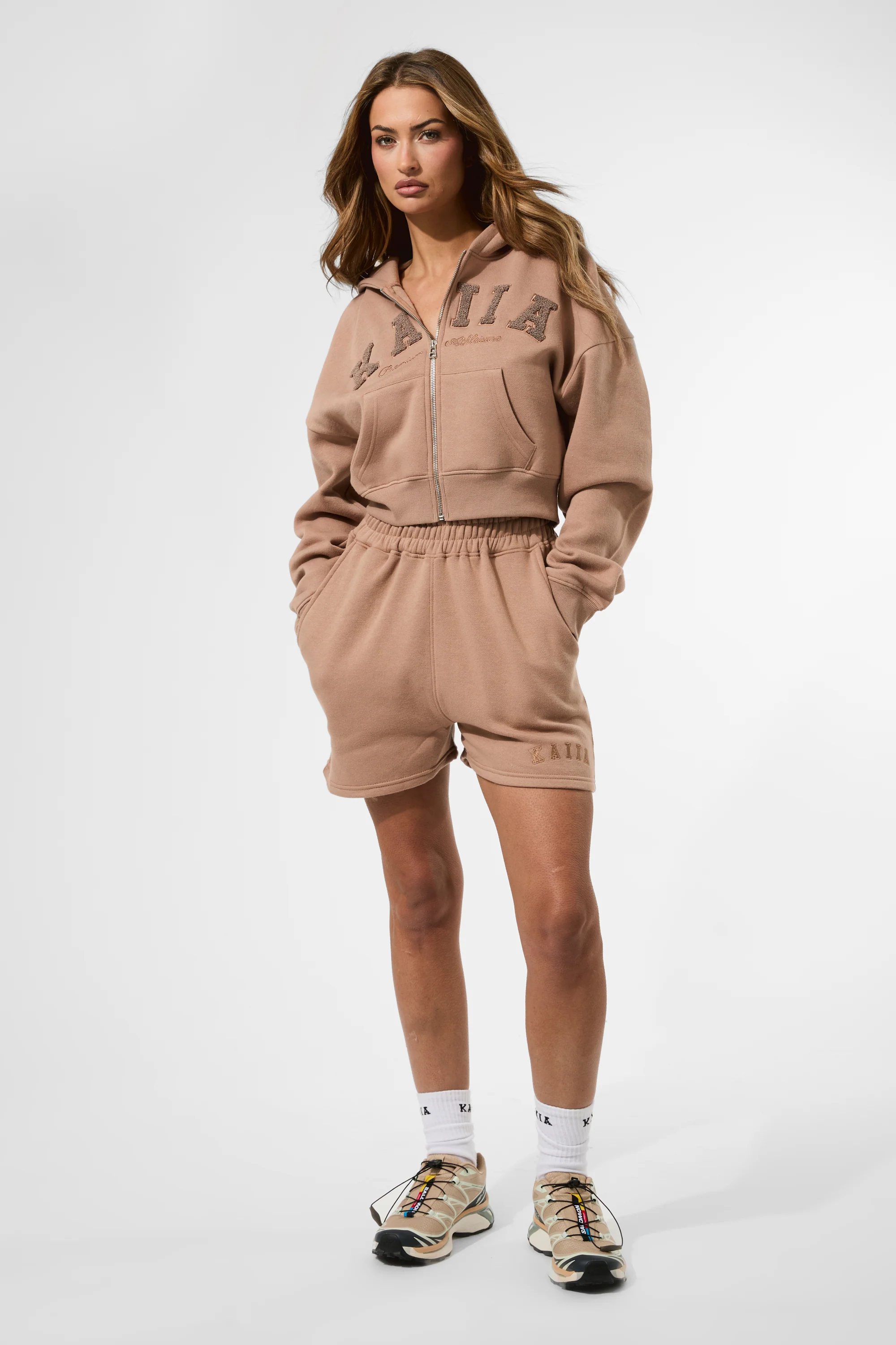Kaiia Slogan Zip Through Cropped Hoodie Latte - Image 4