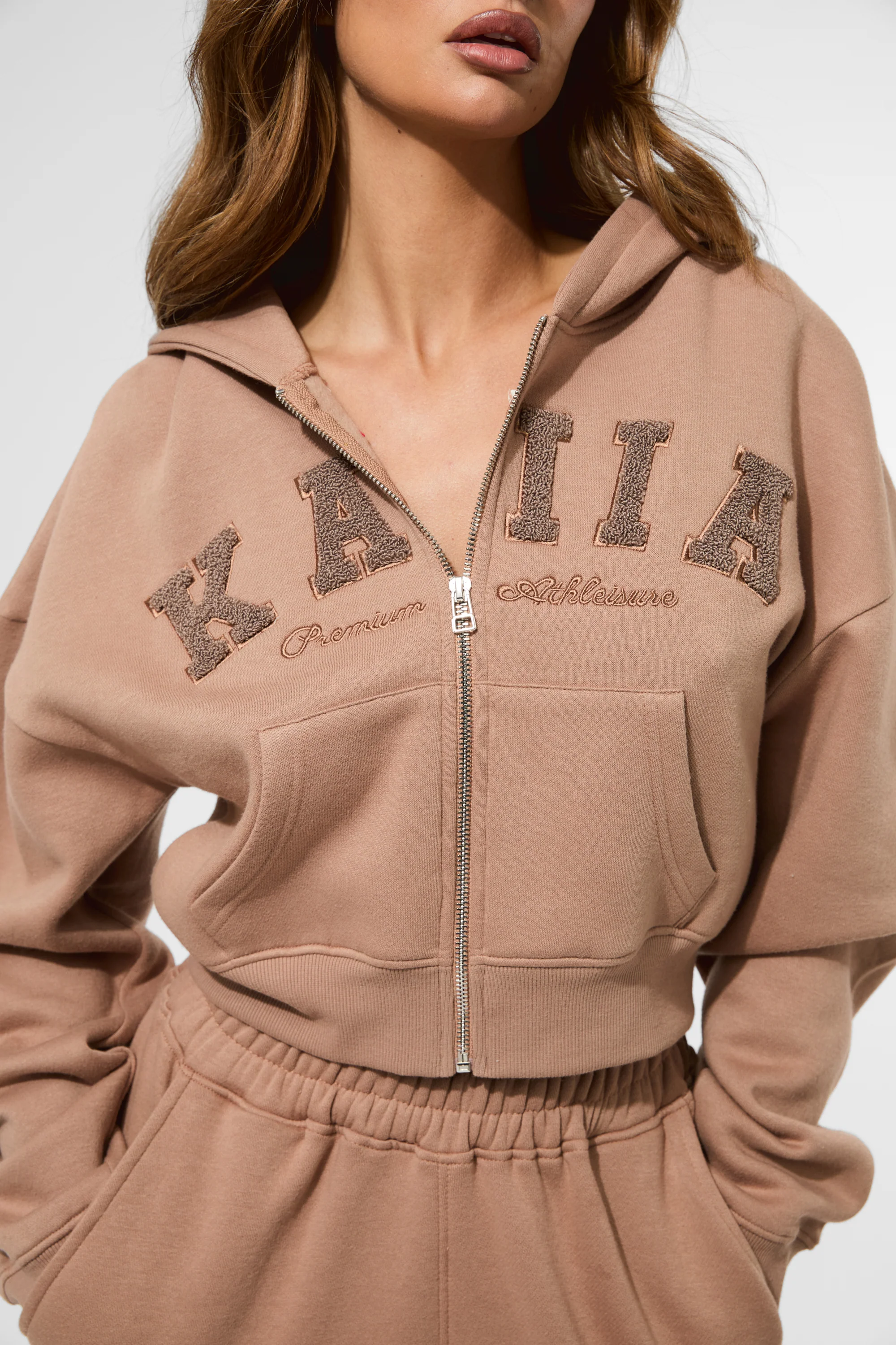 Kaiia Slogan Zip Through Cropped Hoodie Latte - Image 5