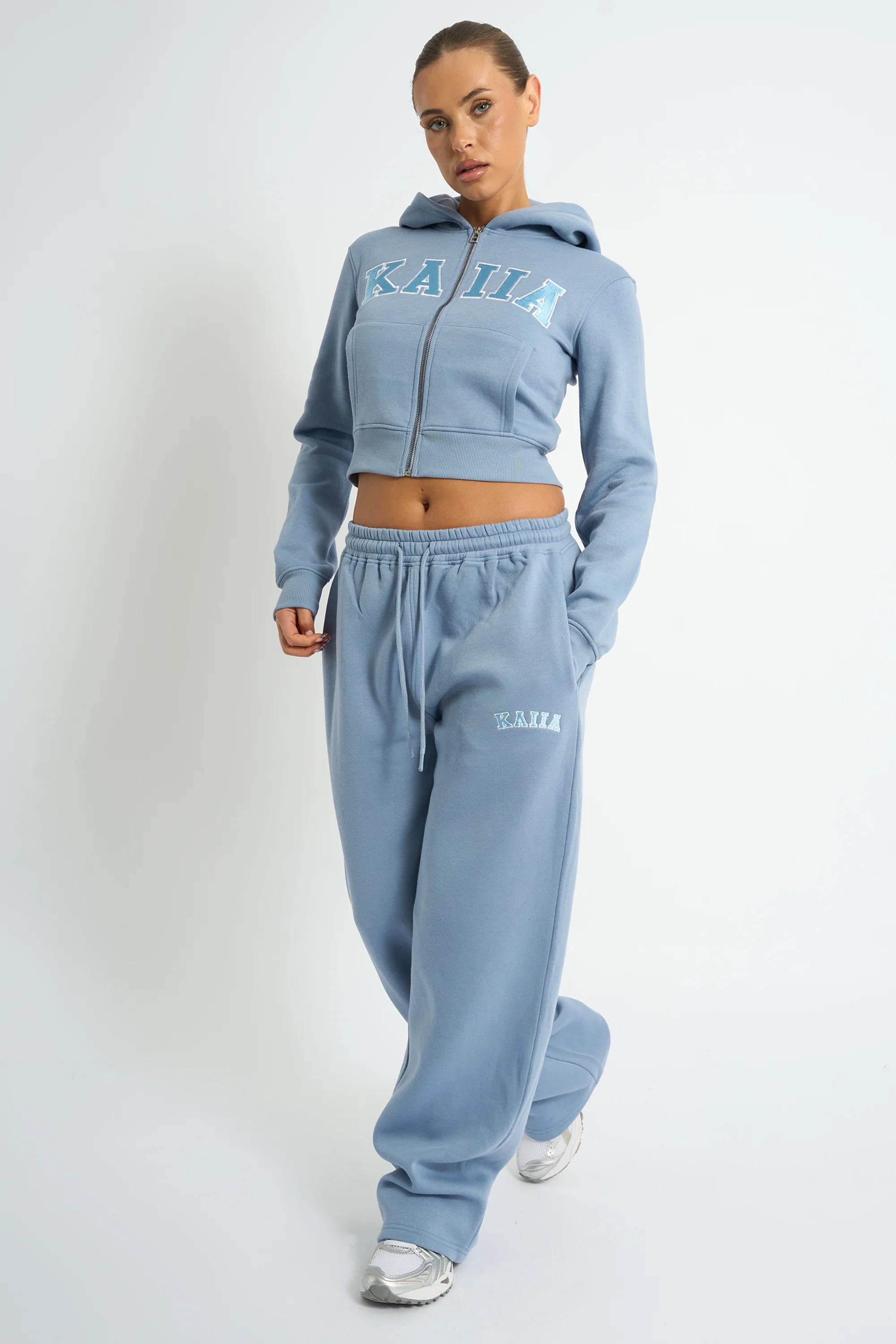 Kaiia Slogan Zip Through Cropped Hoodie Vintage Blue - Image 3
