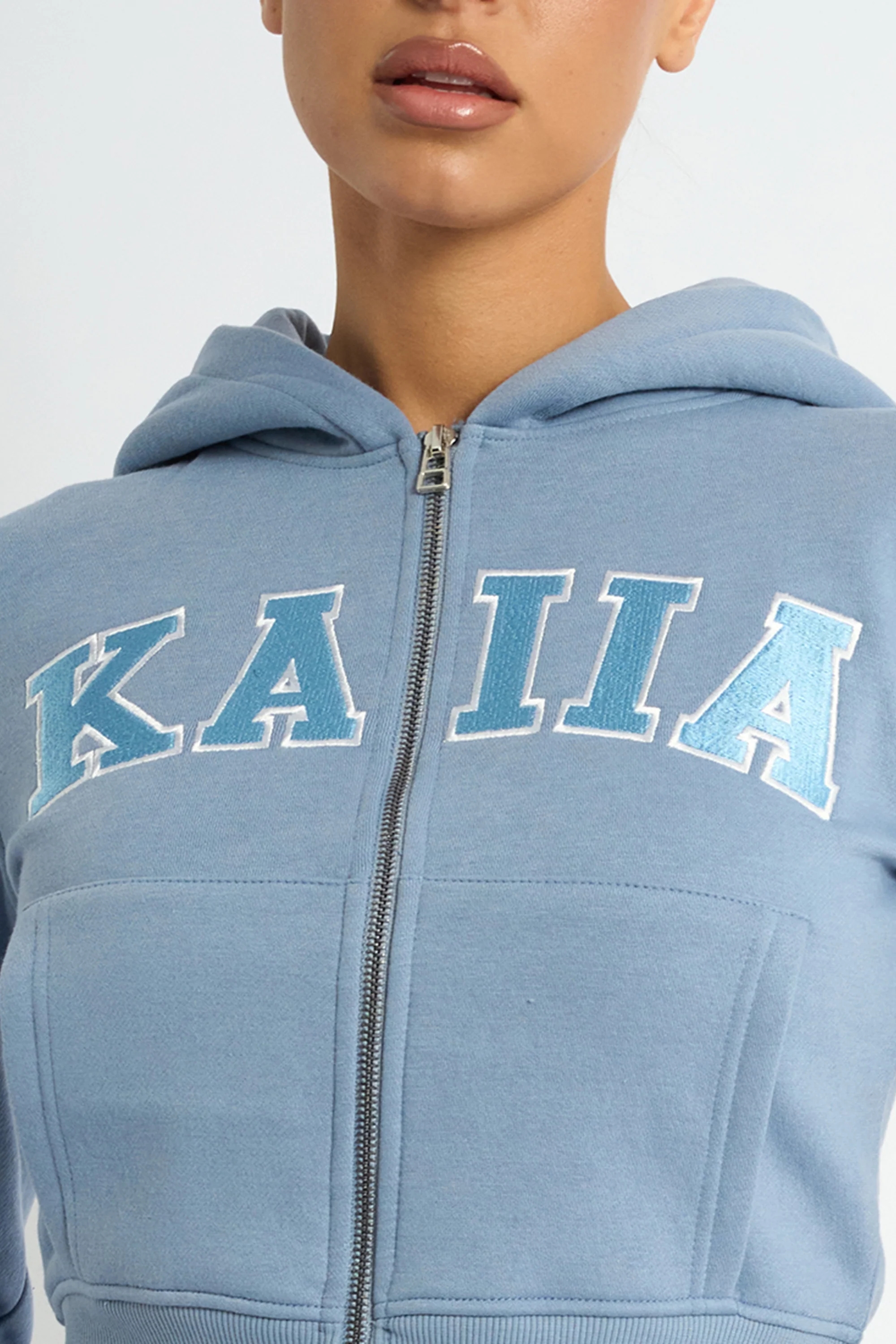 Kaiia Slogan Zip Through Cropped Hoodie Vintage Blue - Image 4