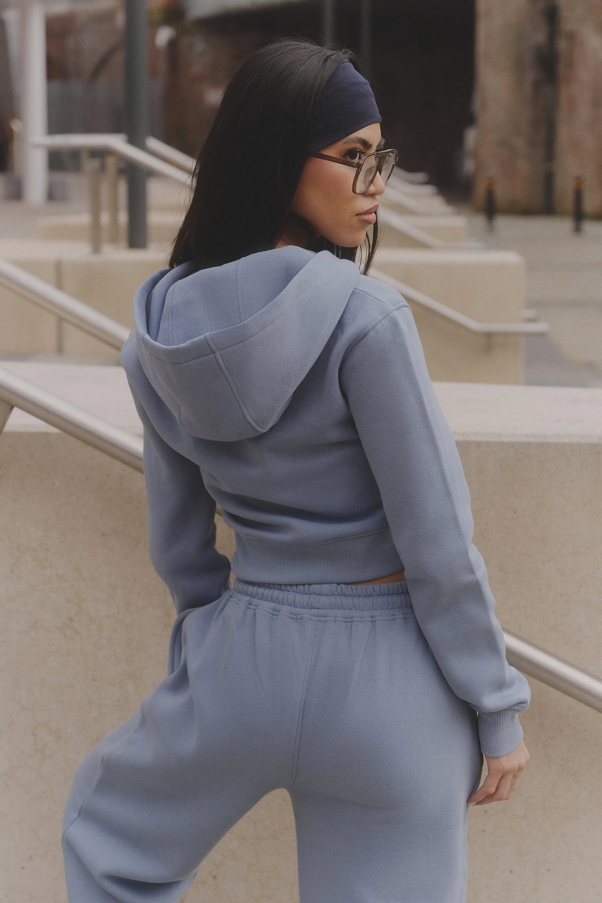 Kaiia Slogan Zip Through Cropped Hoodie Vintage Blue - Image 6