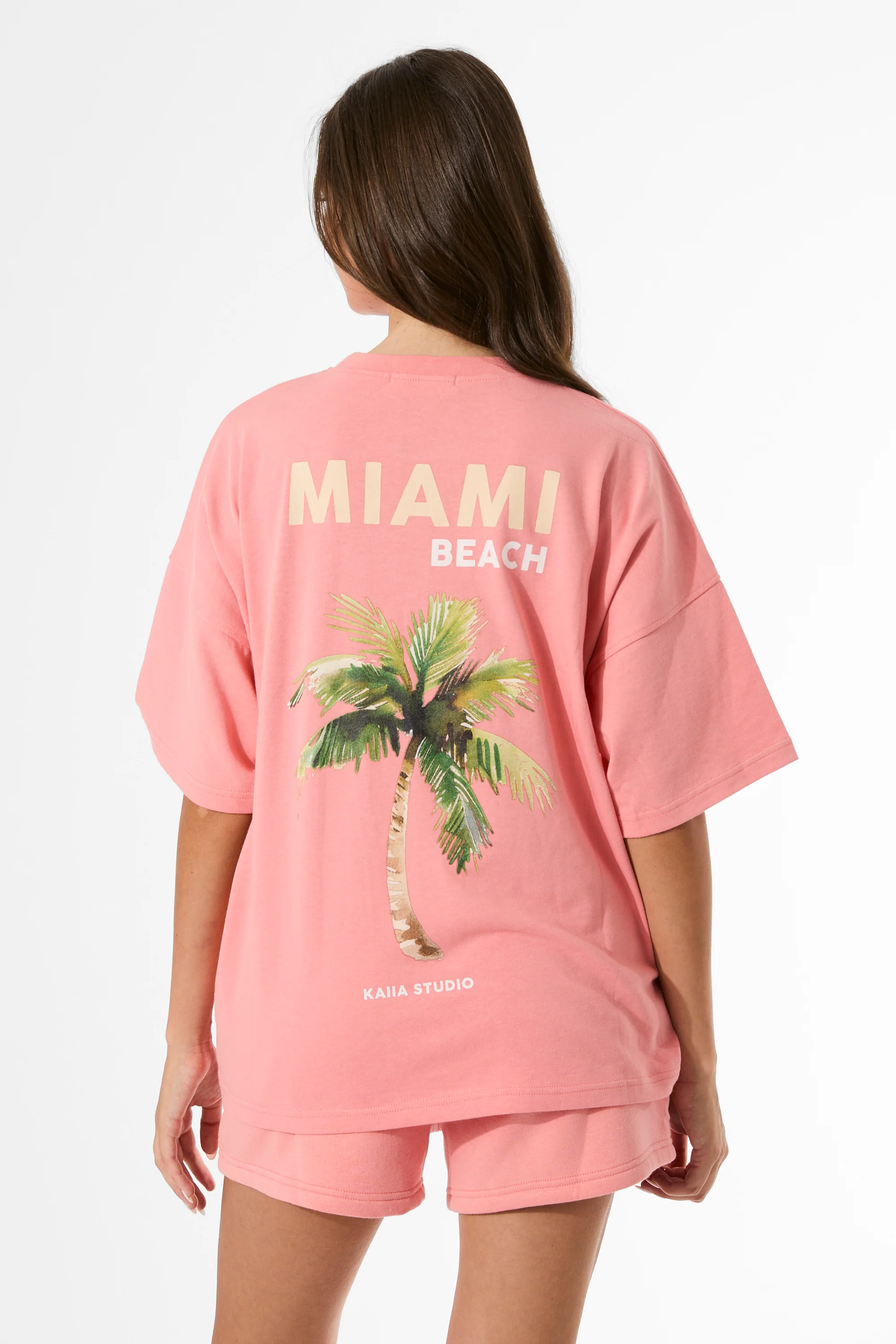 Kaiia Miami Beach Back Graphic Oversized T-Shirt Bright Coral - Image 5