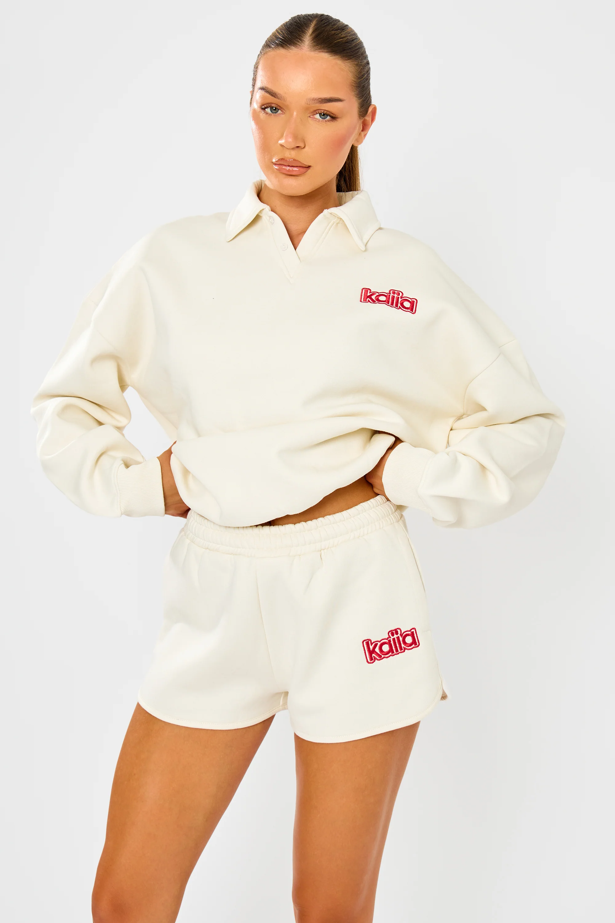 Kaiia Logo Mini Sweat Shorts Cream & Red - Image 5