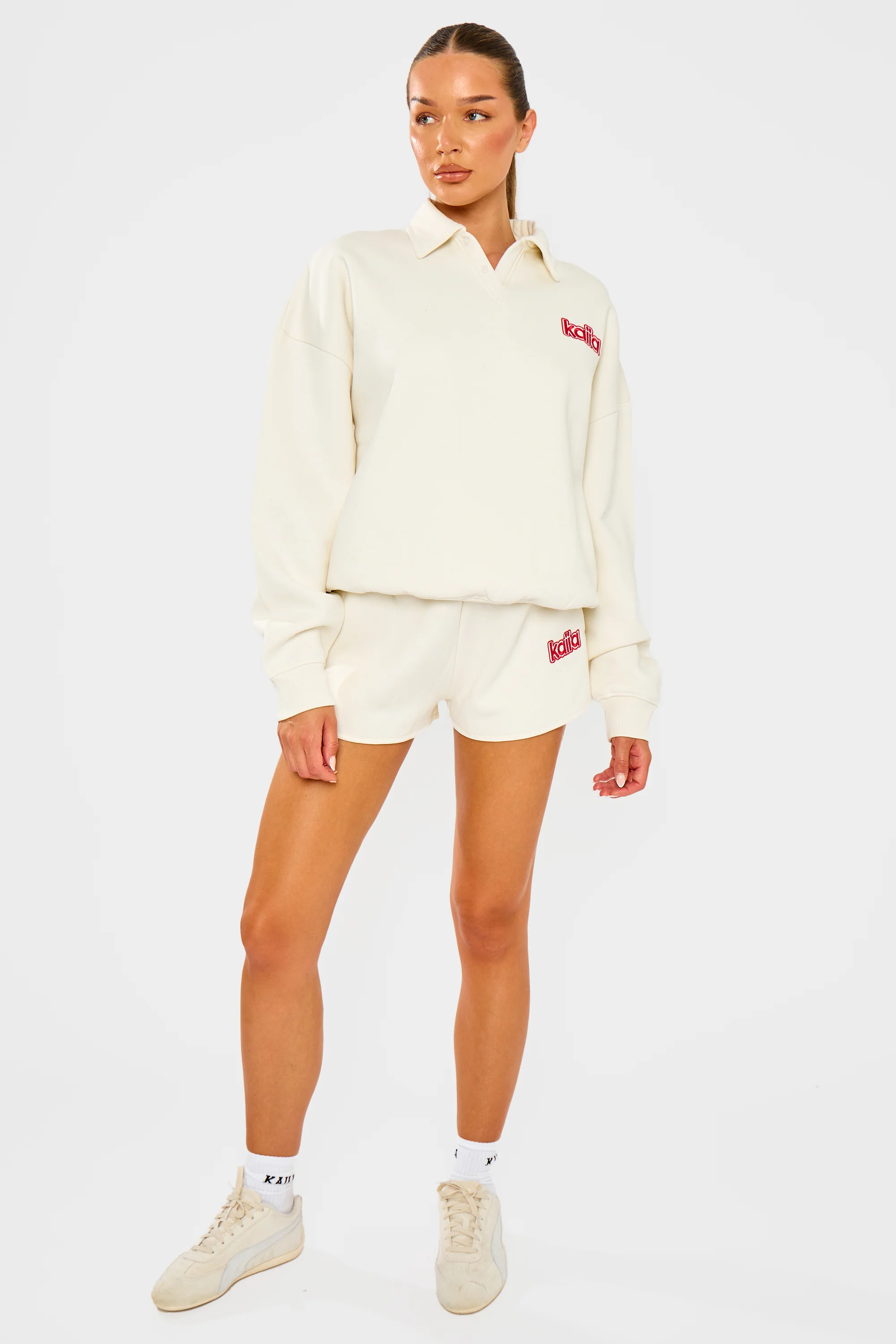 Kaiia Logo Mini Sweat Shorts Cream & Red - Image 7