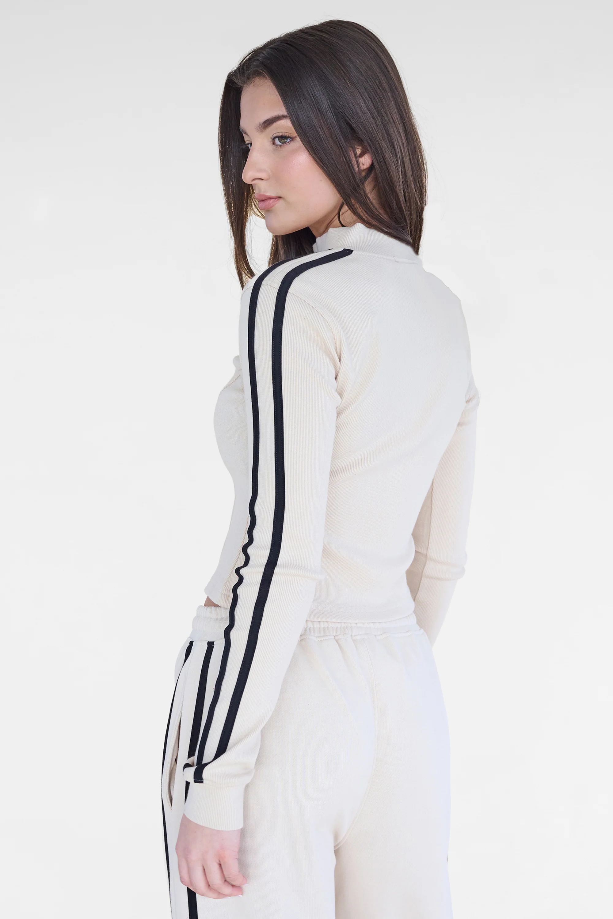 Kaiia Motocross Ribbed Zip Up Long Sleeve Top Stone & Black - Image 6