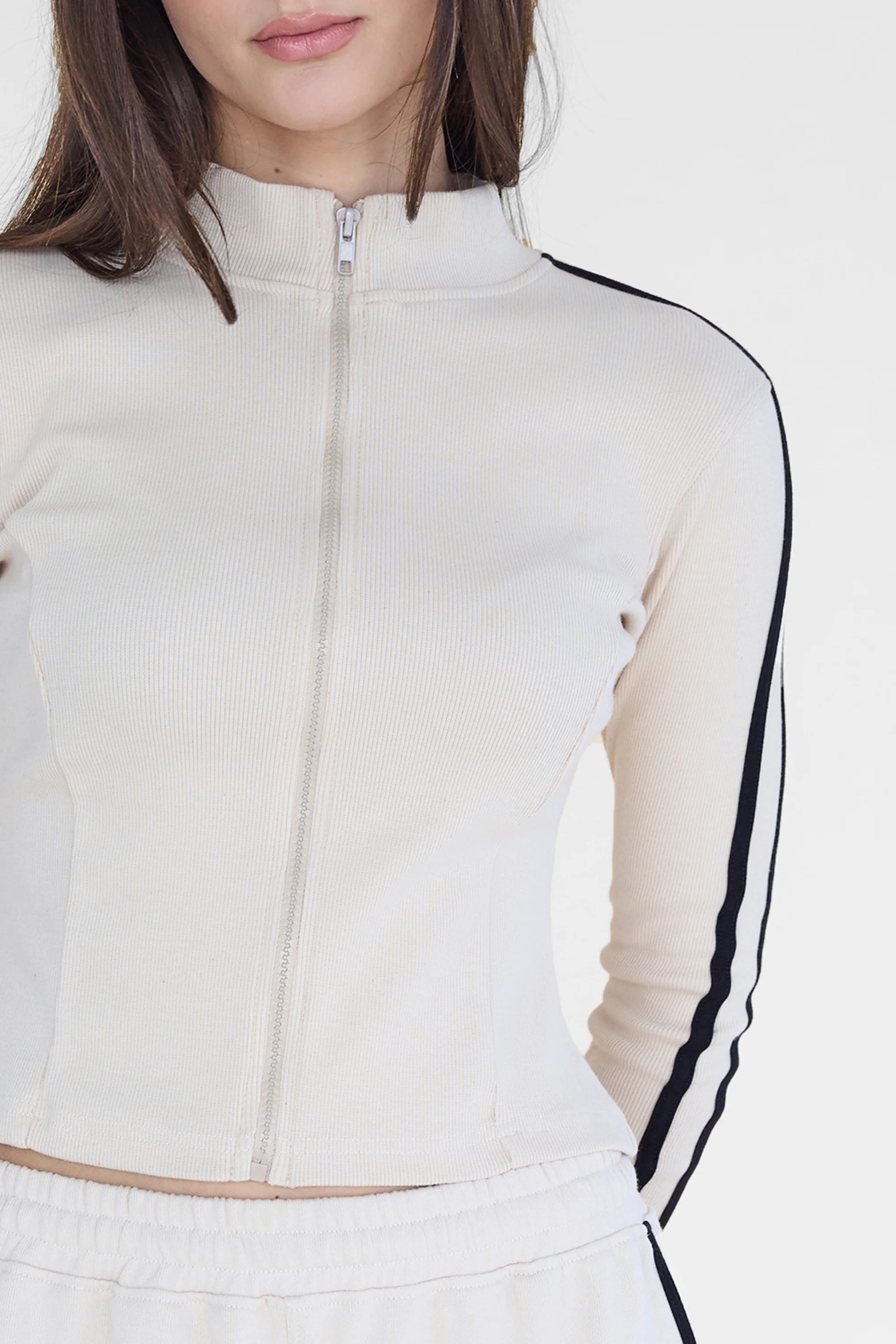 Kaiia Motocross Ribbed Zip Up Long Sleeve Top Stone & Black - Image 8