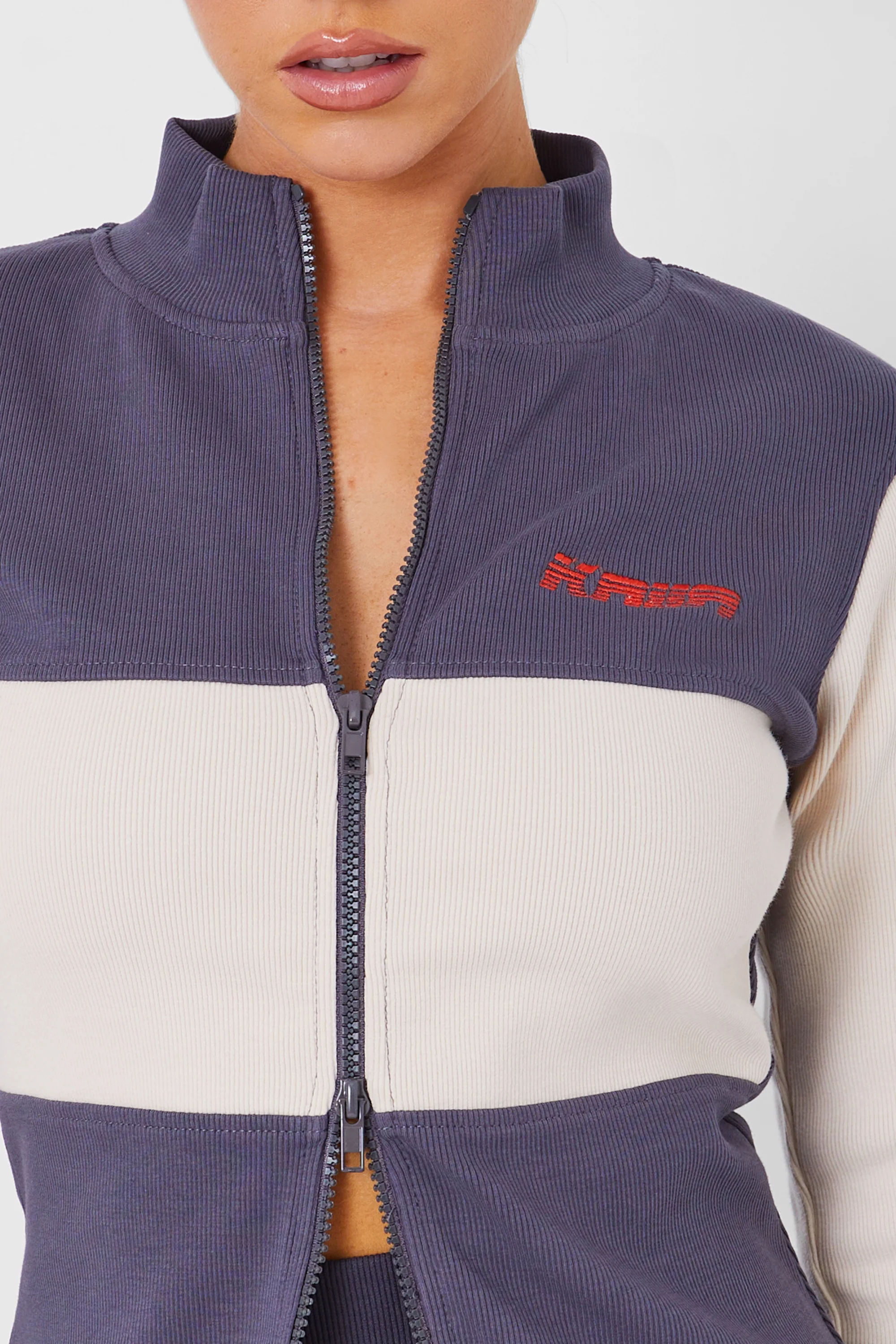 Kaiia Motocross Zip Through Ribbed Long Sleeve Top Dark Grey - Image 3