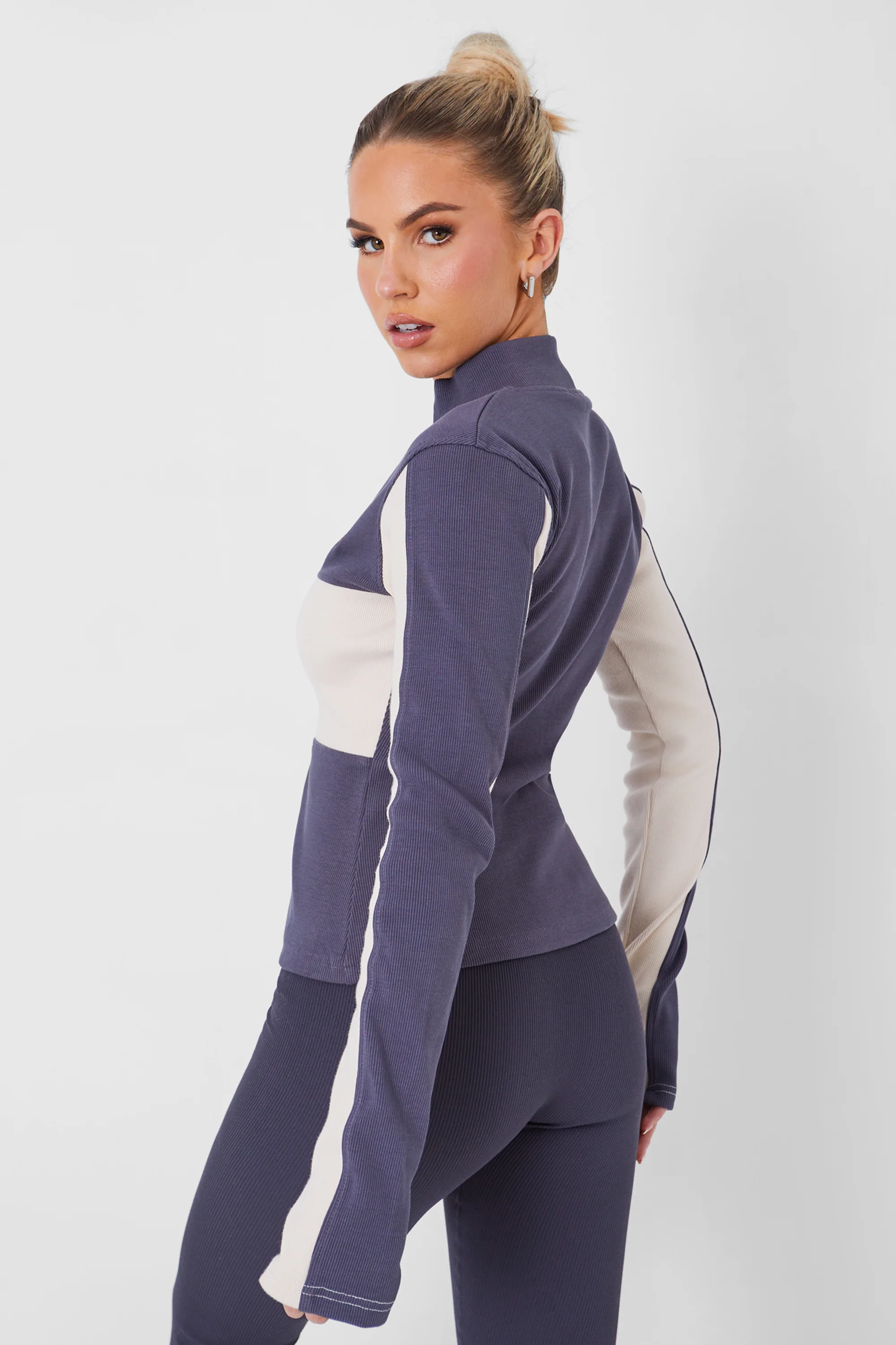 Kaiia Motocross Zip Through Ribbed Long Sleeve Top Dark Grey - Image 4