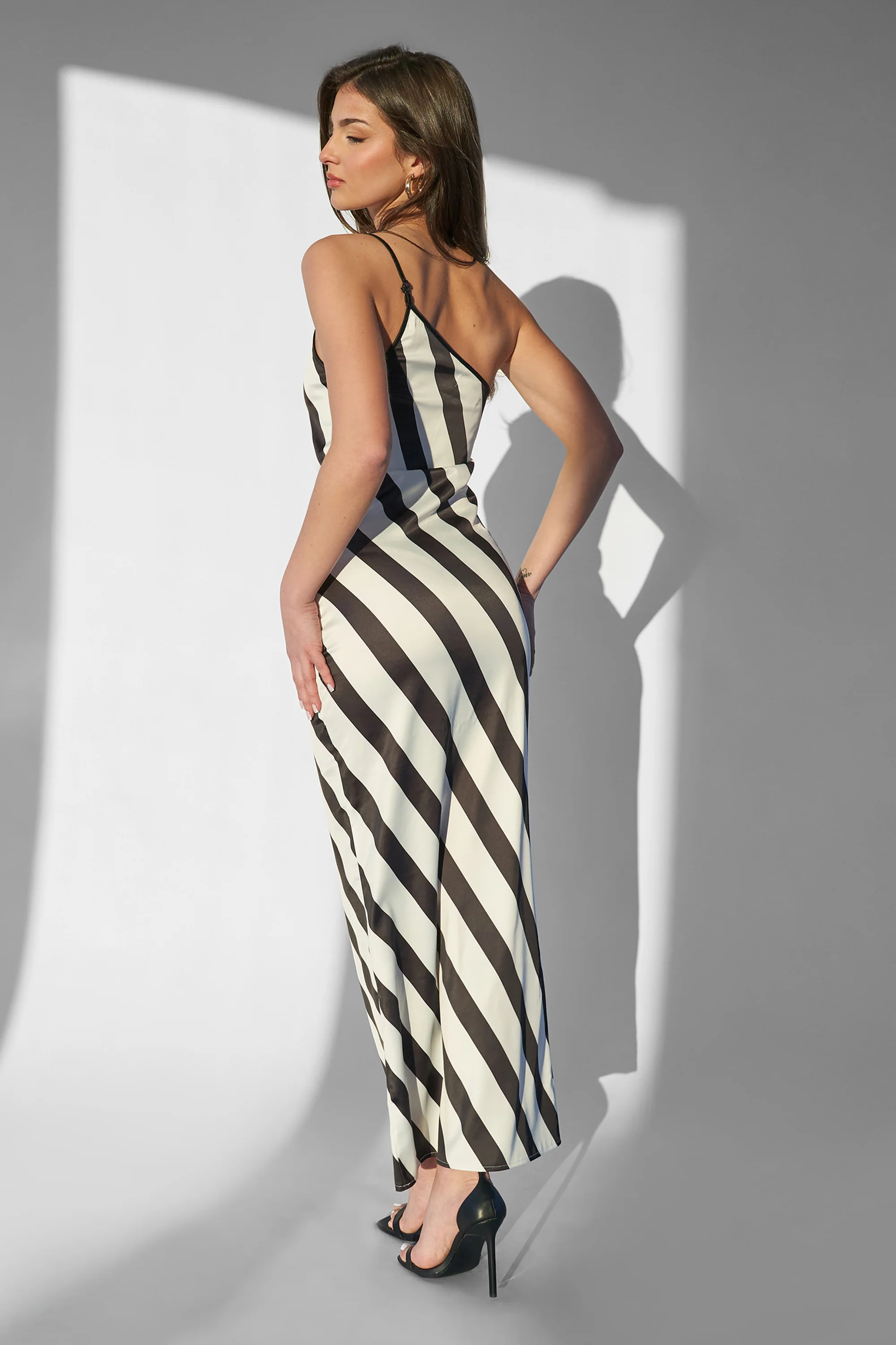 Kaiia One Shoulder Maxi Dress Monochrome Stripe - Image 3