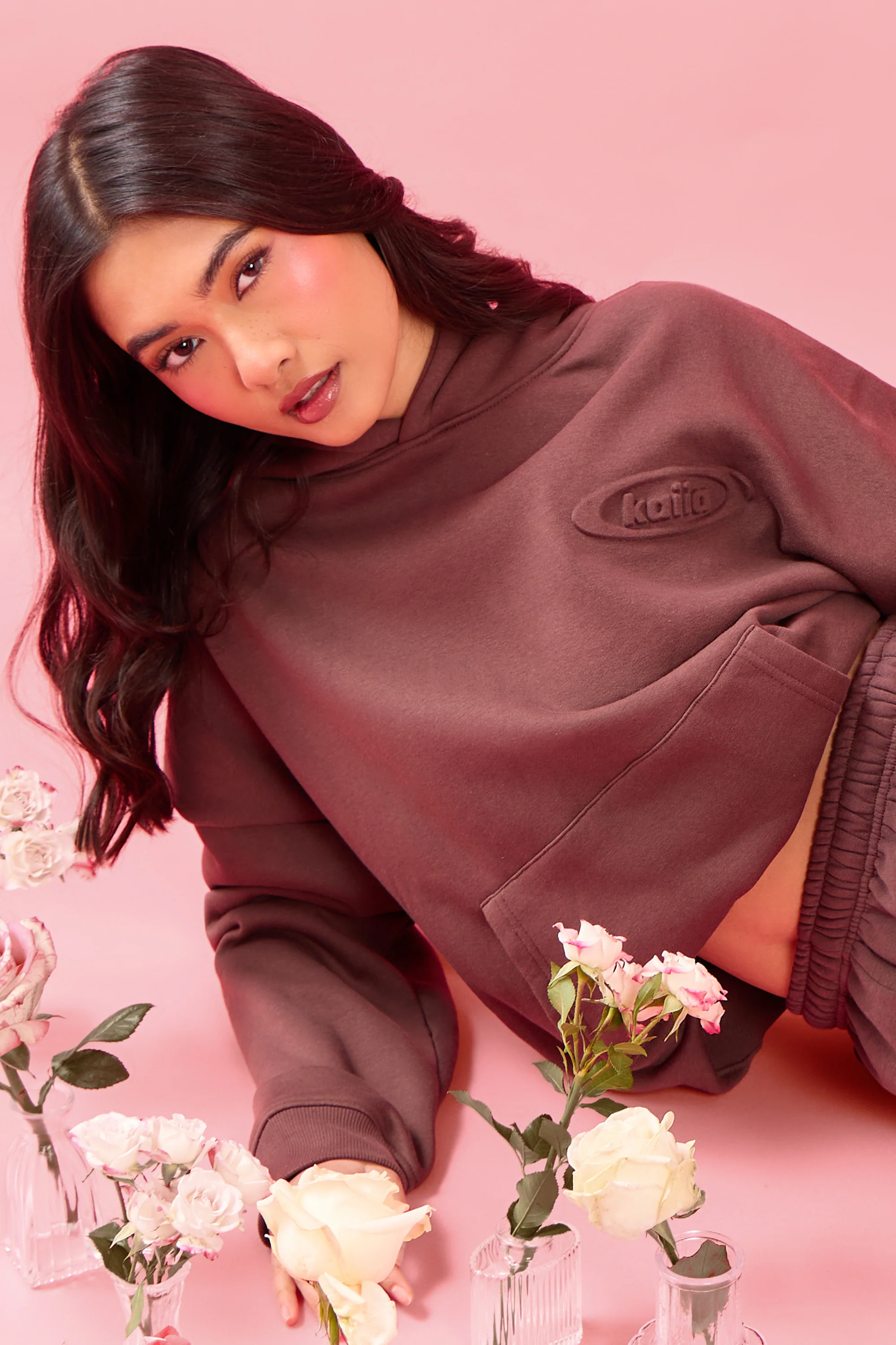 Kaiia Oval Embossed Oversized Hoodie Cocoa Brown - Image 2
