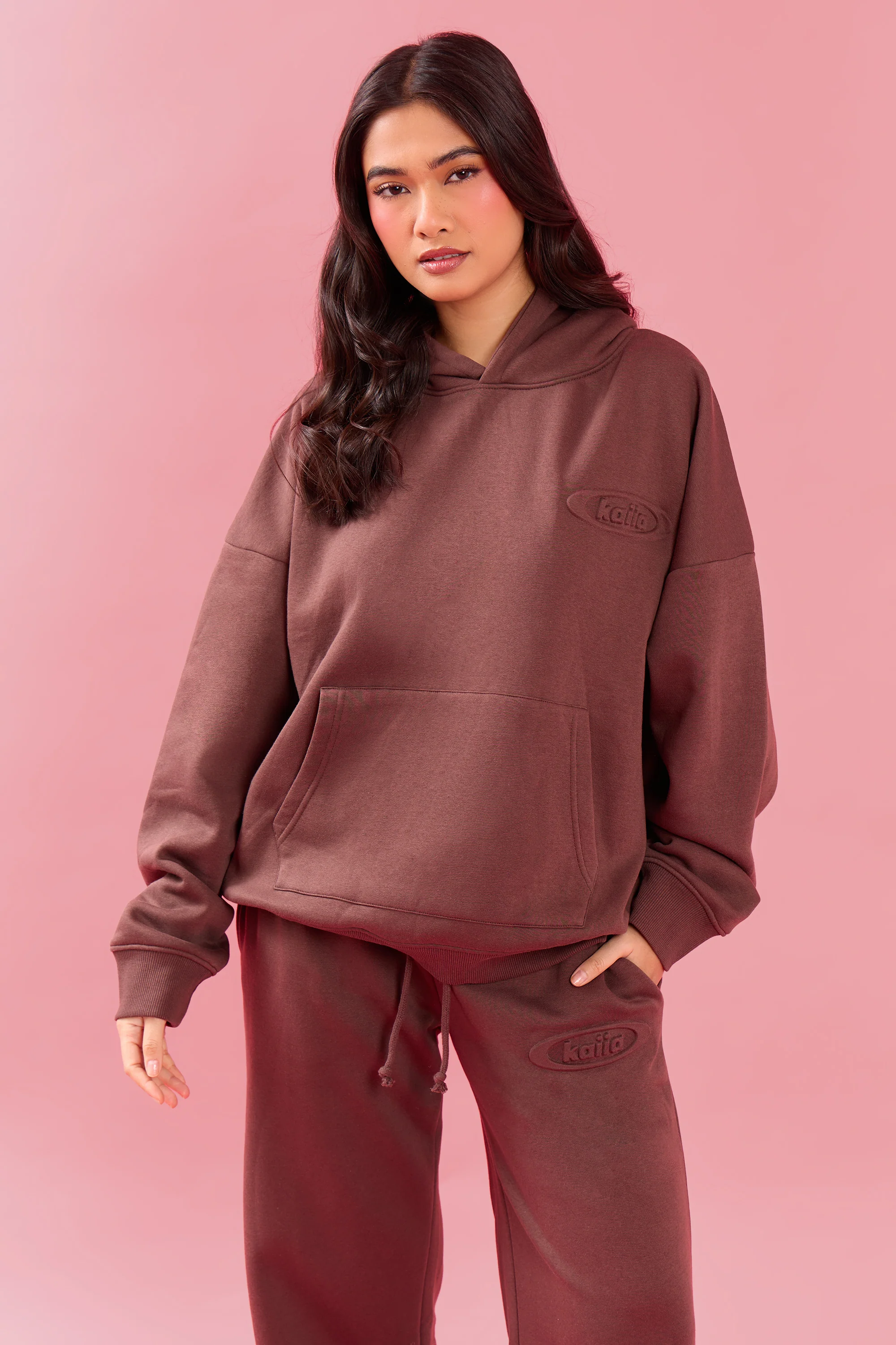 Kaiia Oval Embossed Oversized Hoodie Cocoa Brown - Image 3