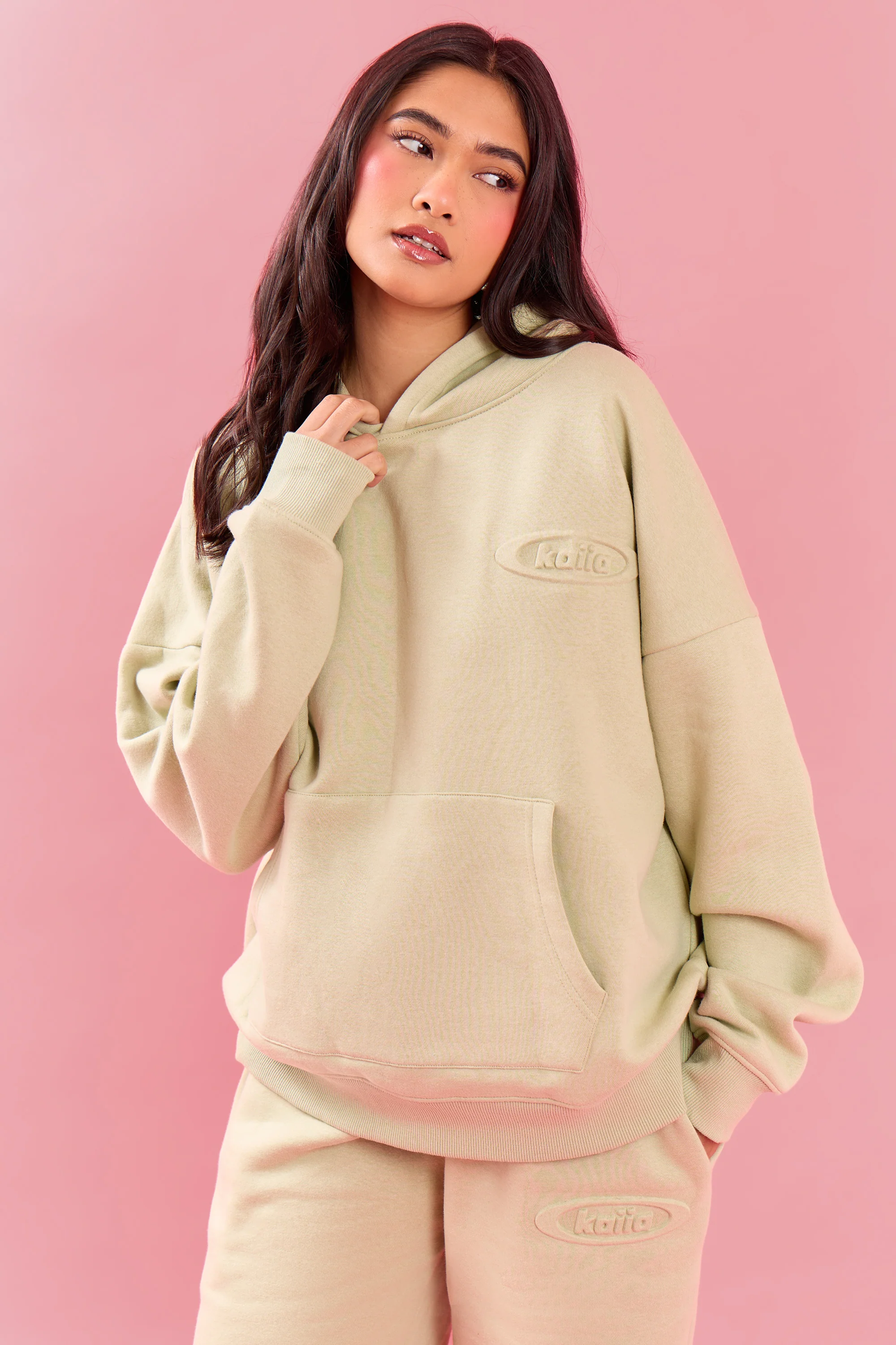 Kaiia Oval Embossed Oversized Hoodie Pistachio Cream - Image 3