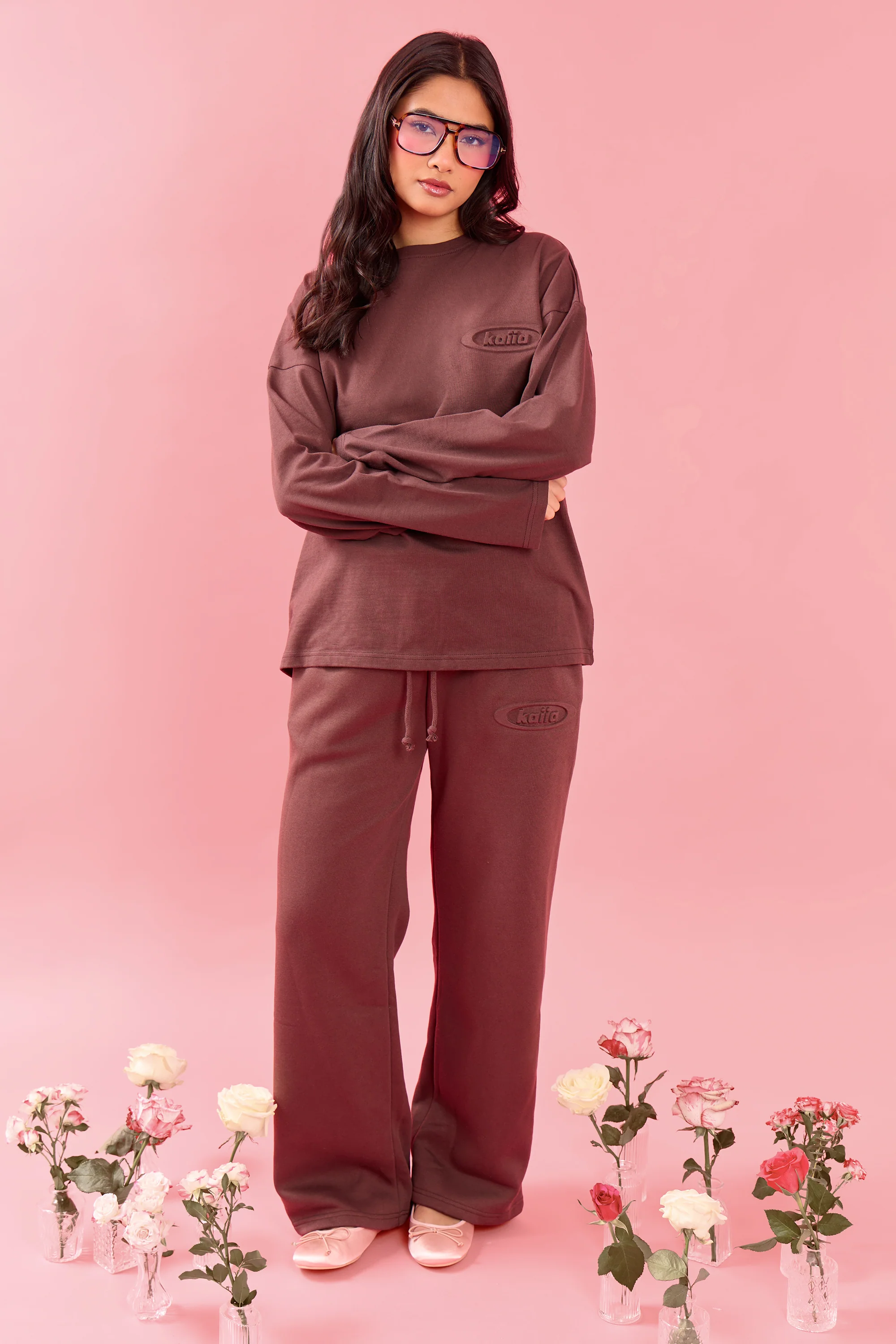 Kaiia Oval Embossed Oversized Long Sleeve T-shirt Cocoa Brown - Image 3