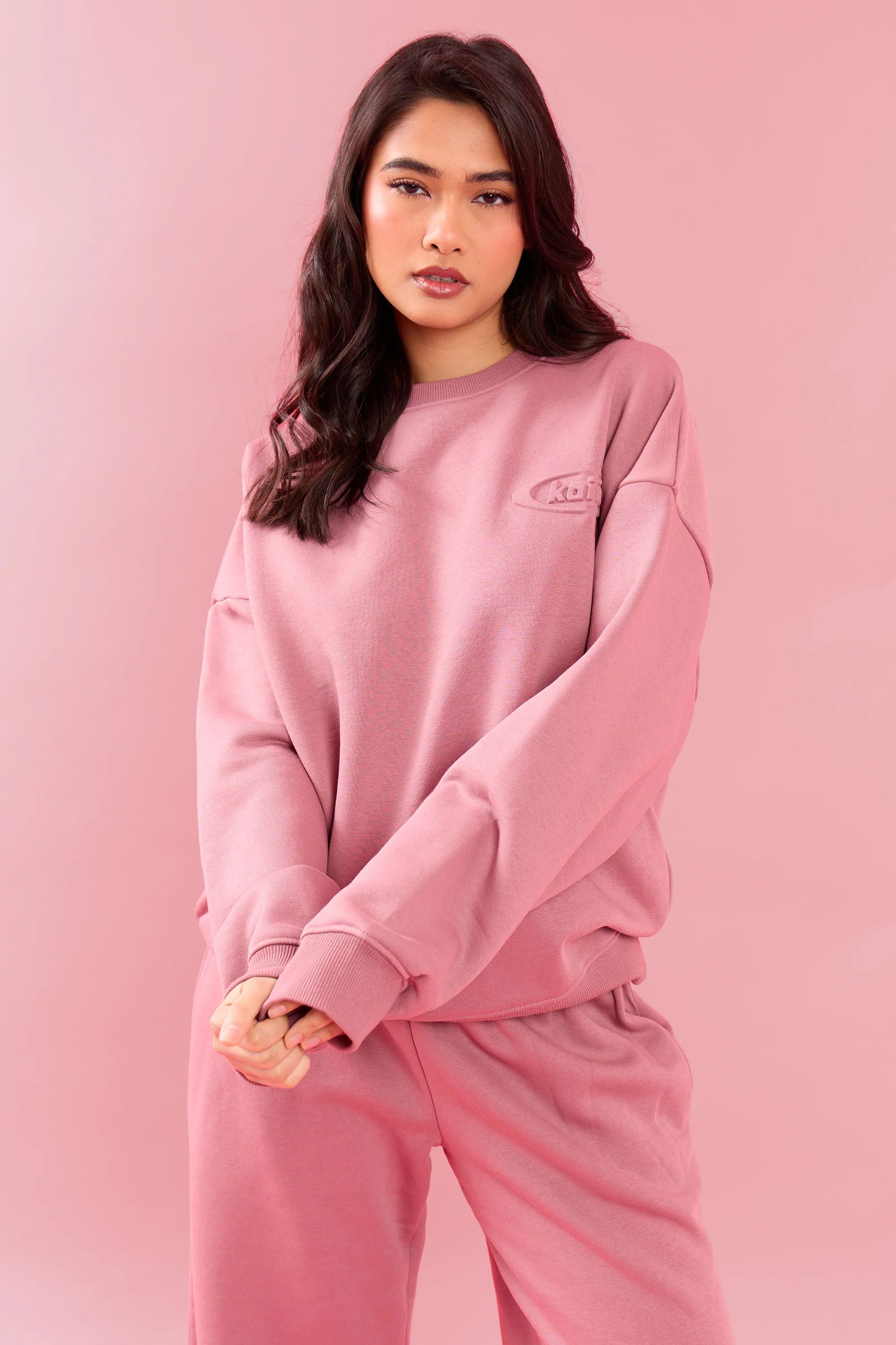 Kaiia Oval Embossed Oversized Sweatshirt Rose Latte