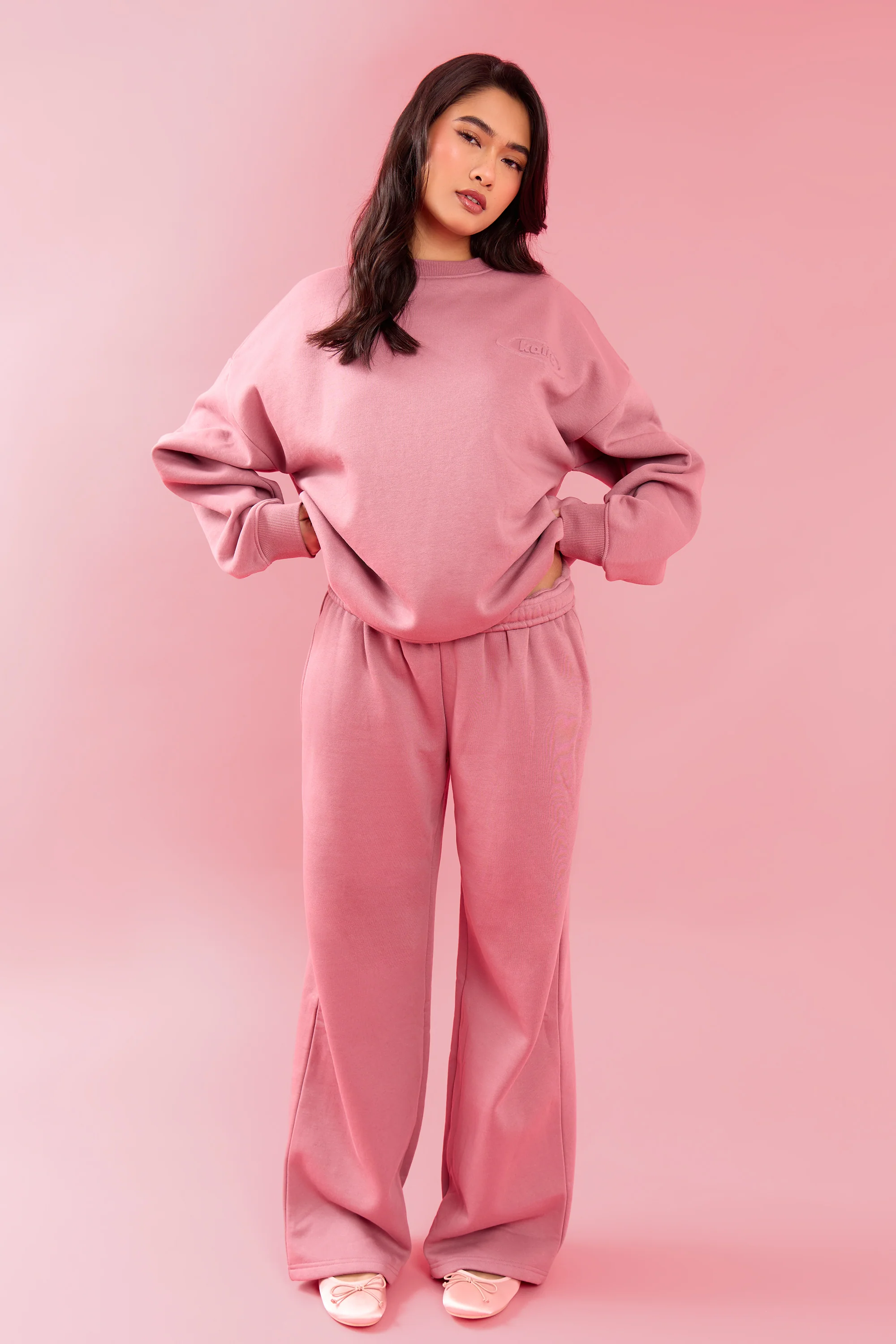 Kaiia Oval Embossed Folded Waistband Wide Leg Joggers Rose Latte