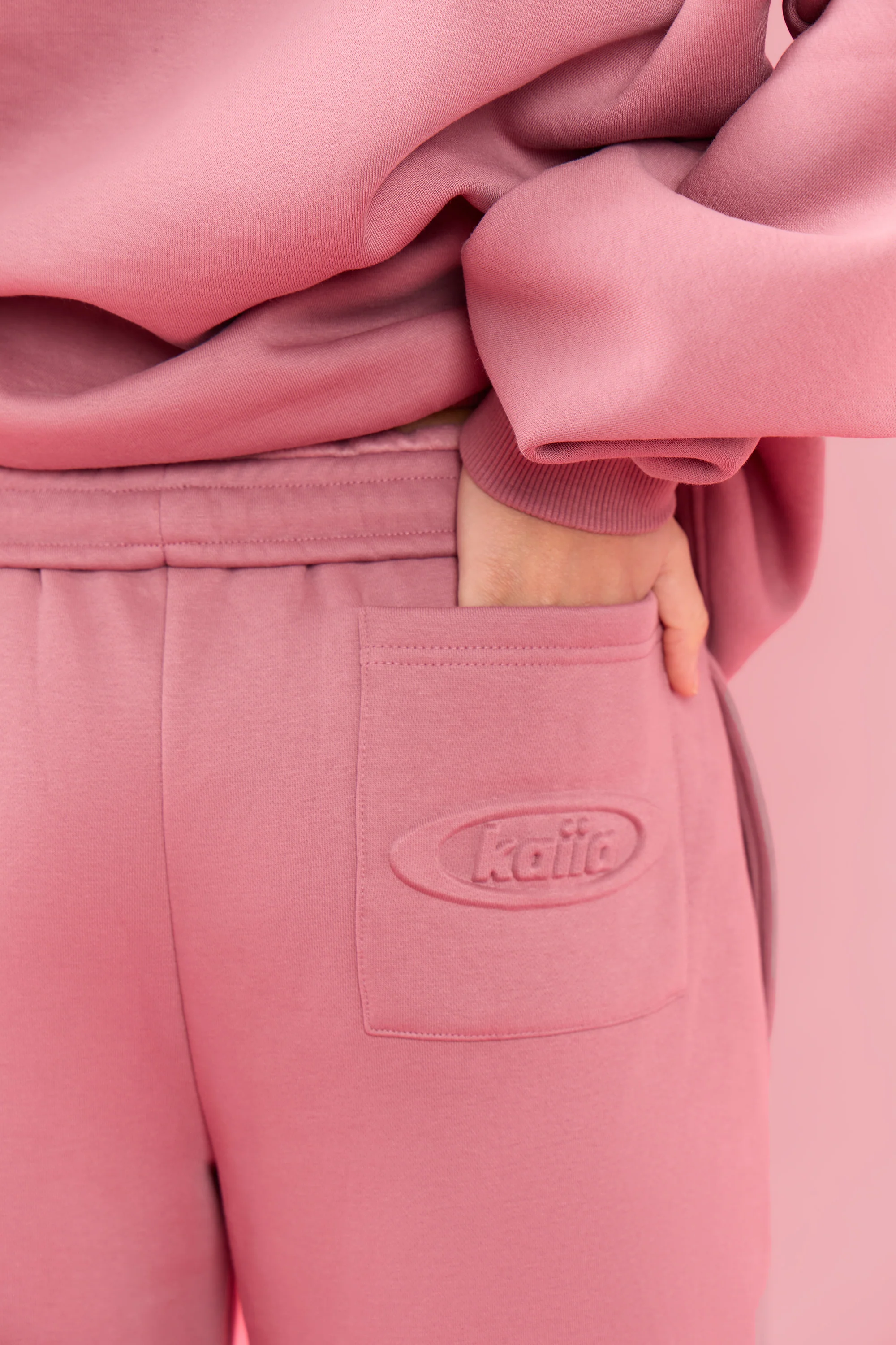 Kaiia Oval Embossed Folded Waistband Wide Leg Joggers Rose Latte - Image 2