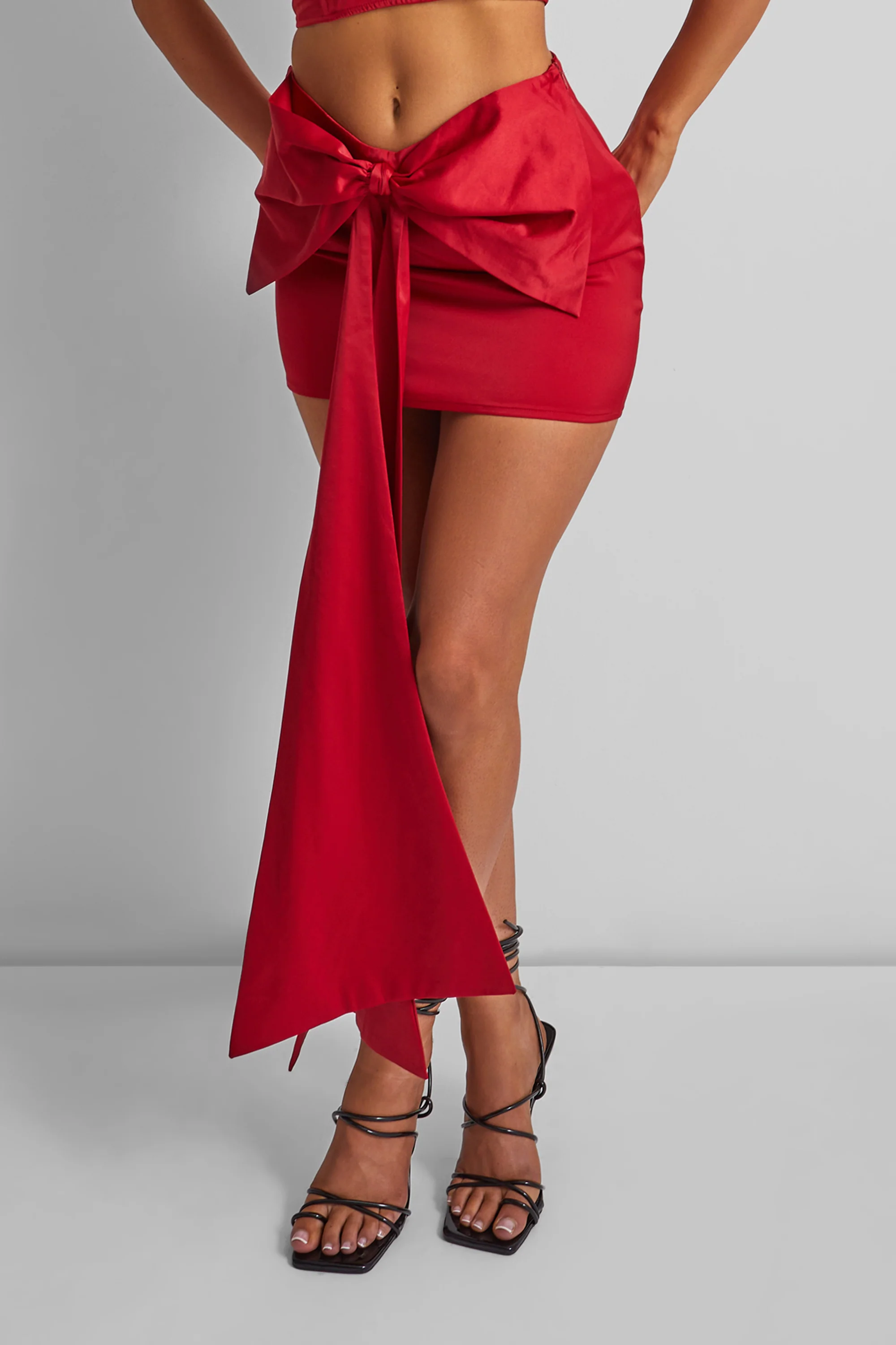 Kaiia Oversized Bow Sash Mini Skirt Co-ord in Red - Image 3
