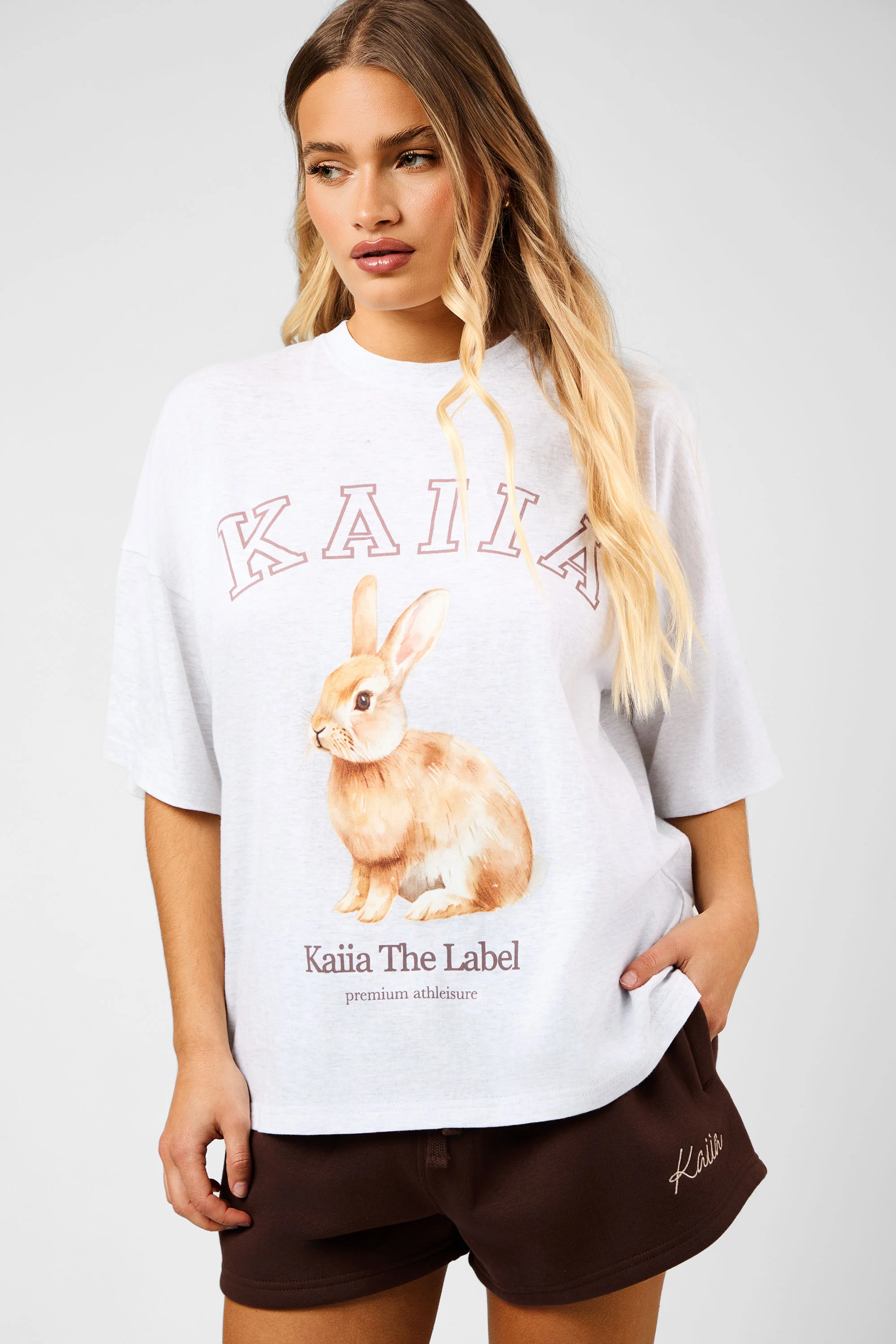 Kaiia Oversized Bunny Graphic T-Shirt Light Grey Marl - Image 3