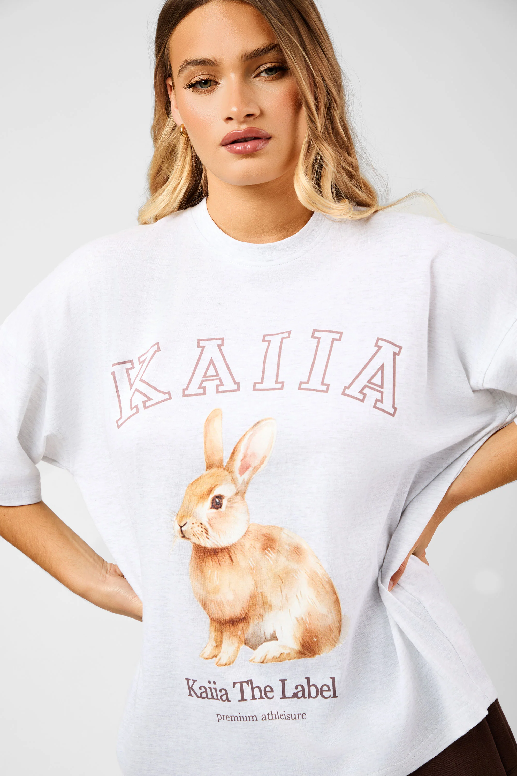Kaiia Oversized Bunny Graphic T-Shirt Light Grey Marl - Image 6
