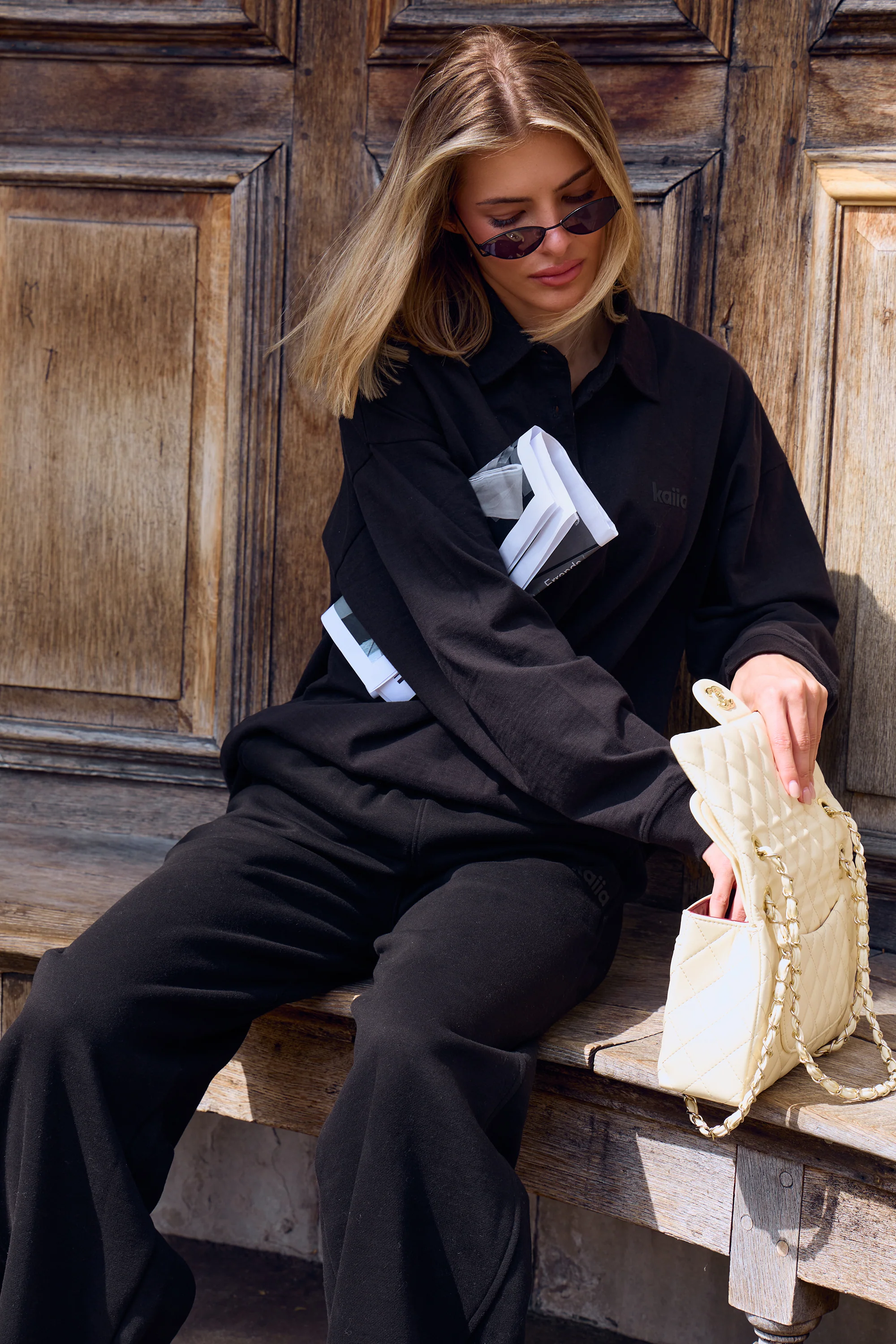 Kaiia Oversized Cotton Polo Top Black - Image 4