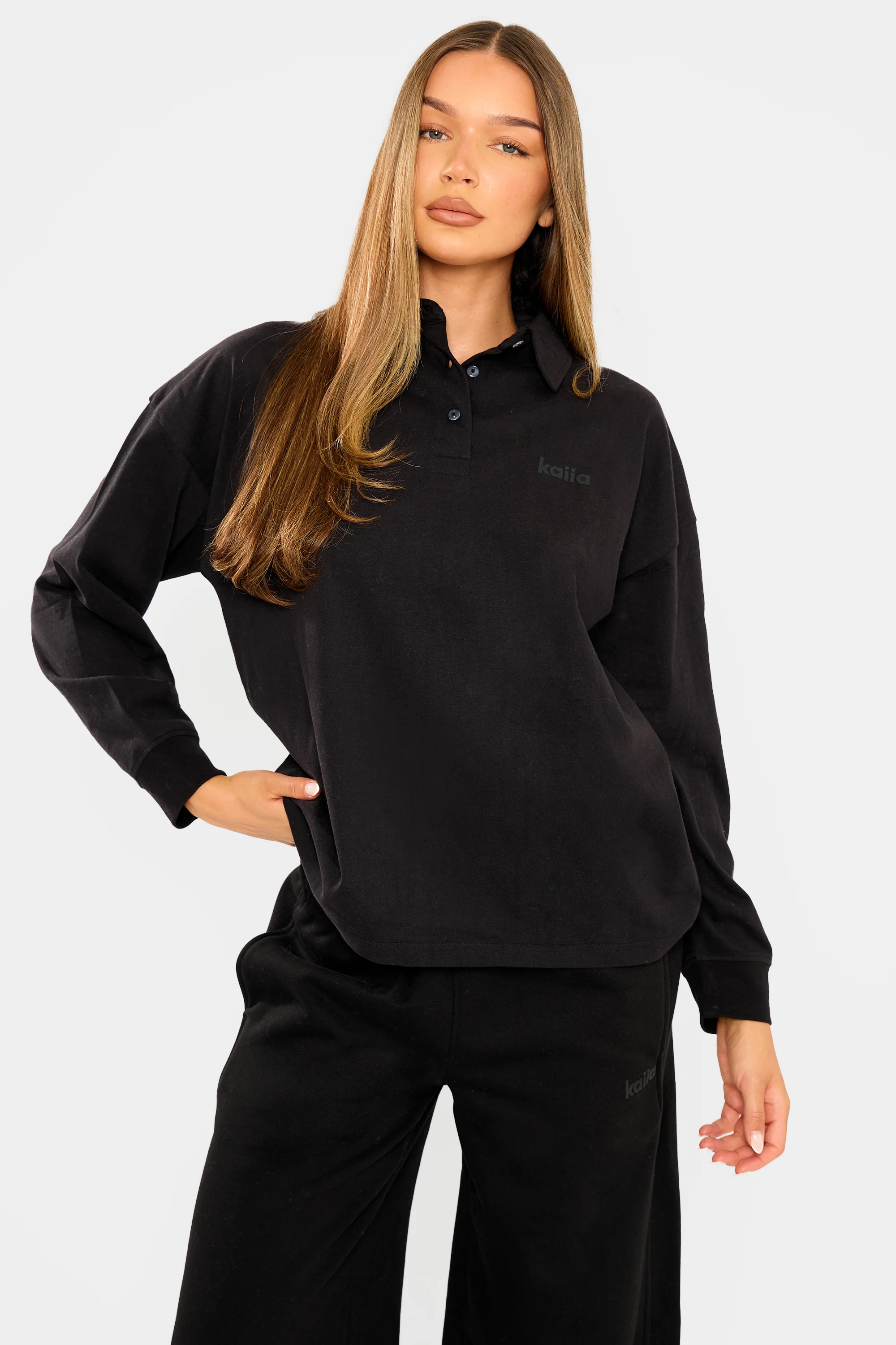 Kaiia Oversized Cotton Polo Top Black - Image 5