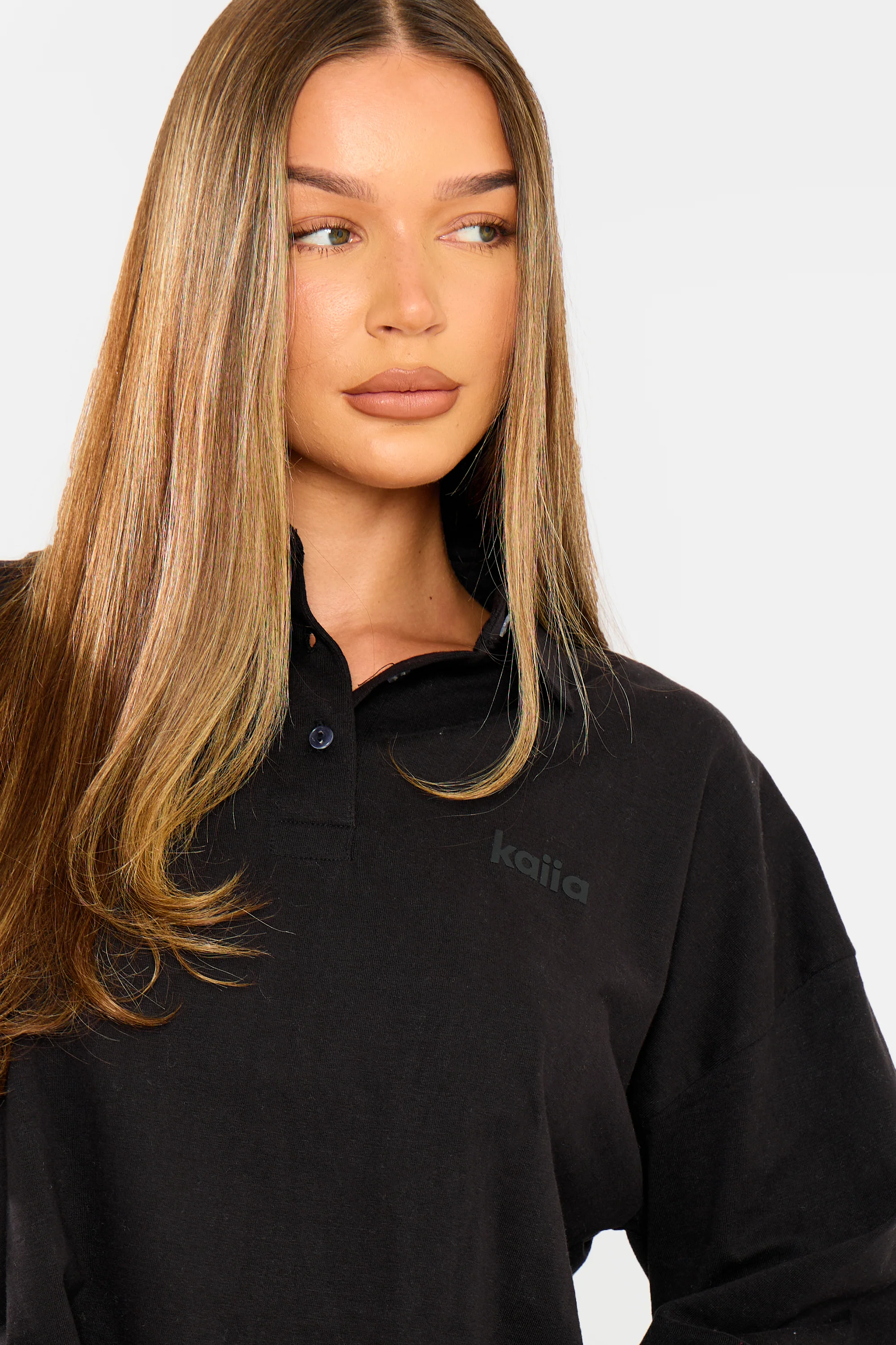 Kaiia Oversized Cotton Polo Top Black - Image 7