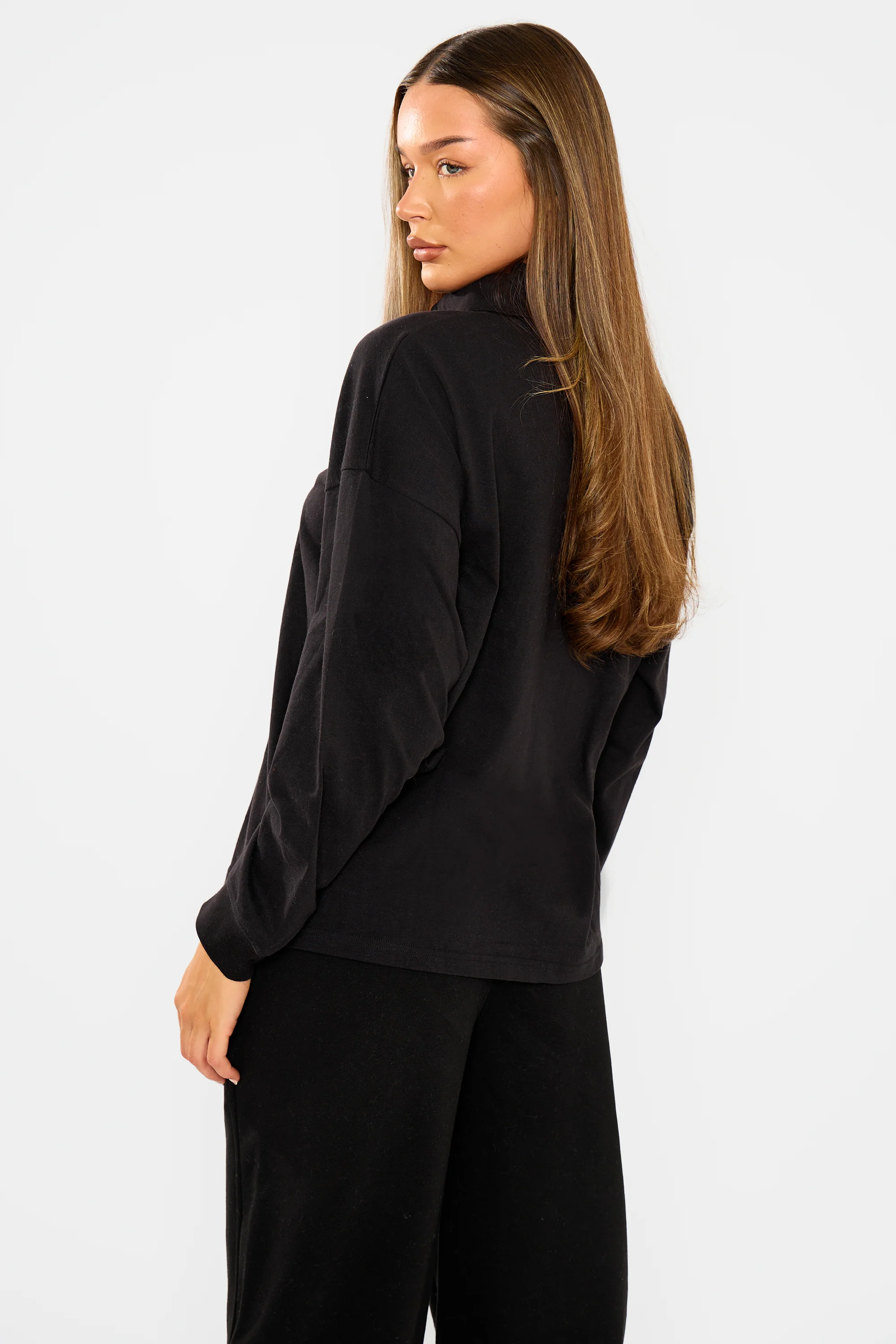 Kaiia Oversized Cotton Polo Top Black - Image 8