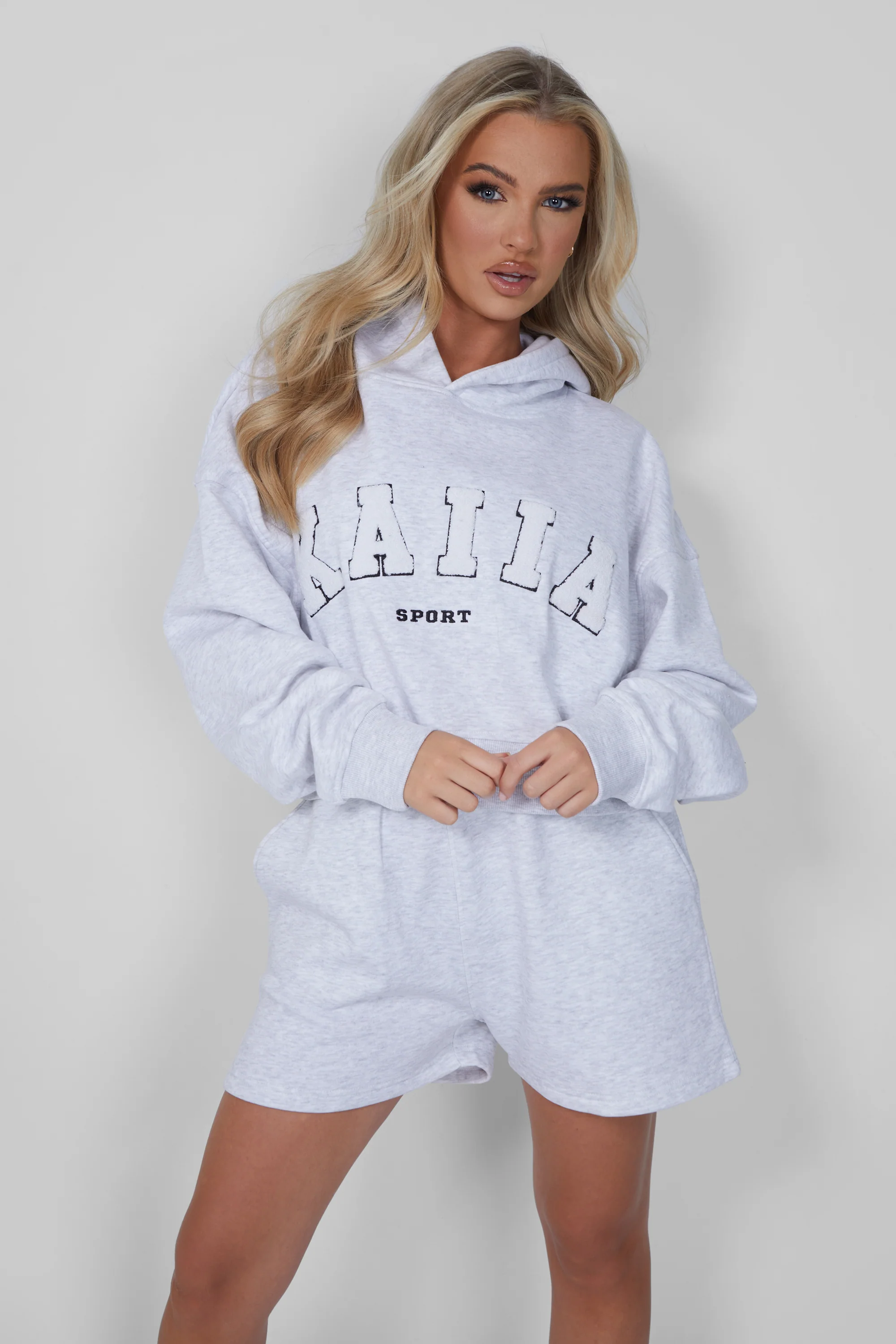 Kaiia Oversized Crop Hoodie Light Grey Marl - Image 2