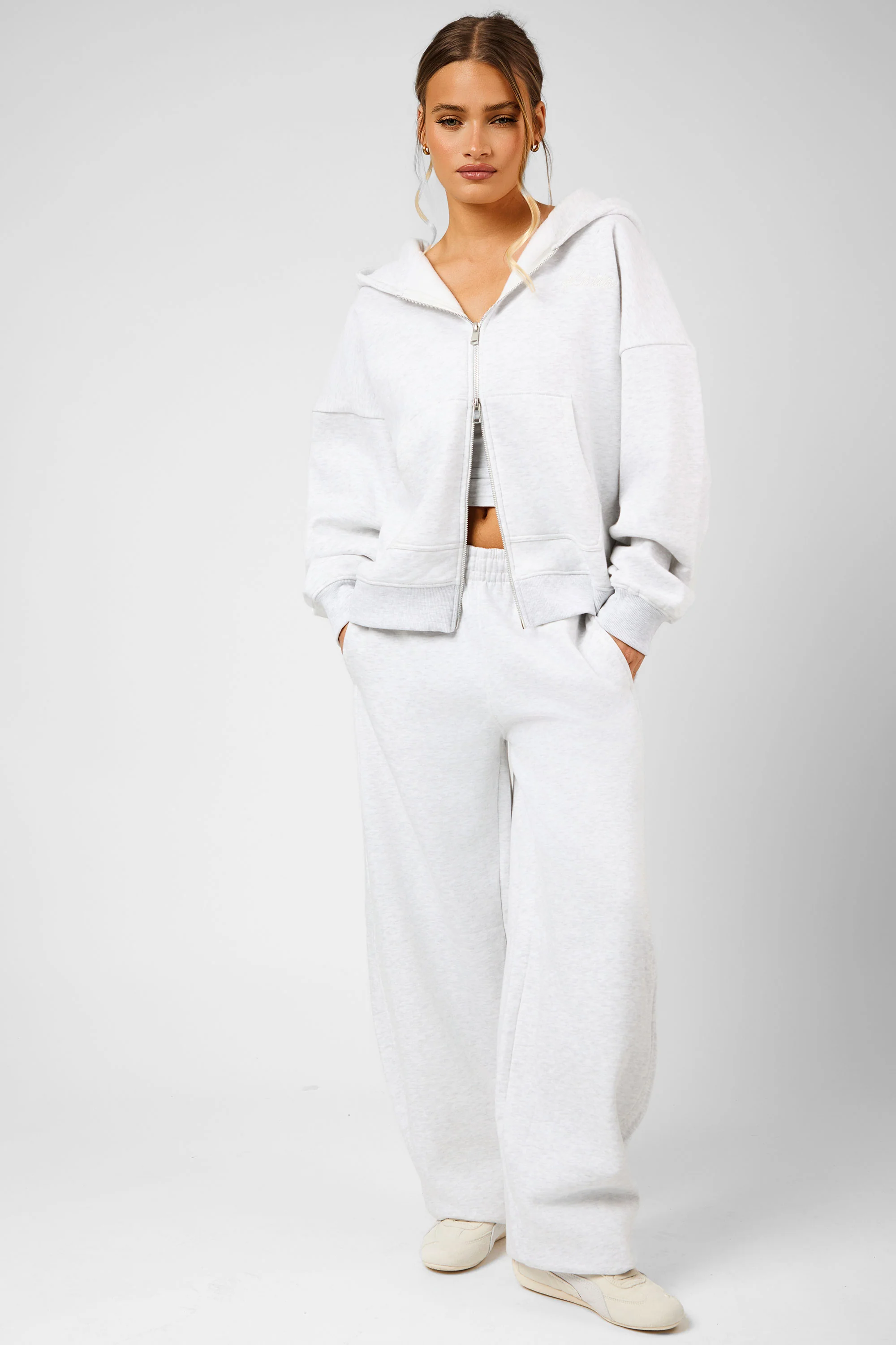 Kaiia Script Logo Oversized Double Ended Zip Through Hoodie Light Grey Marl - Image 3