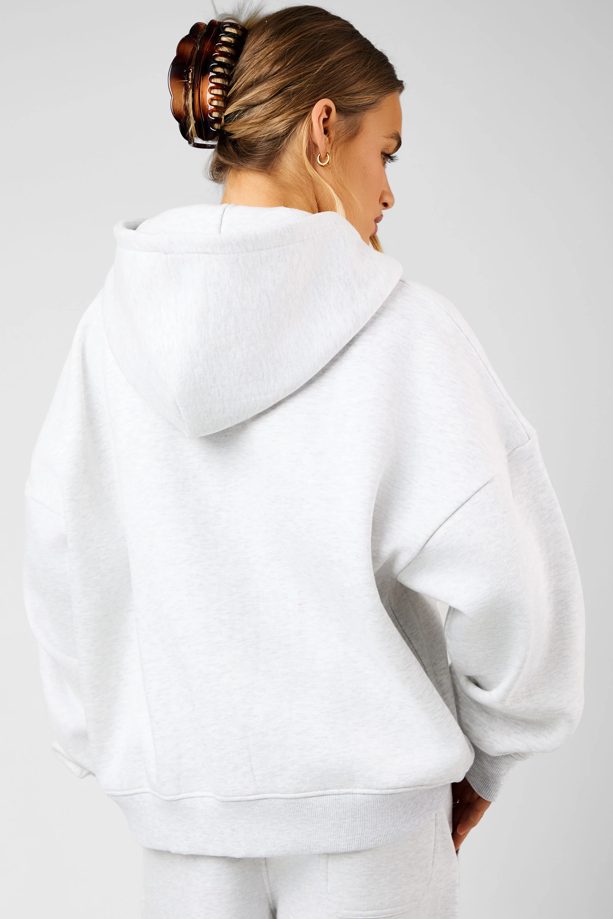 Kaiia Script Logo Oversized Double Ended Zip Through Hoodie Light Grey Marl - Image 4
