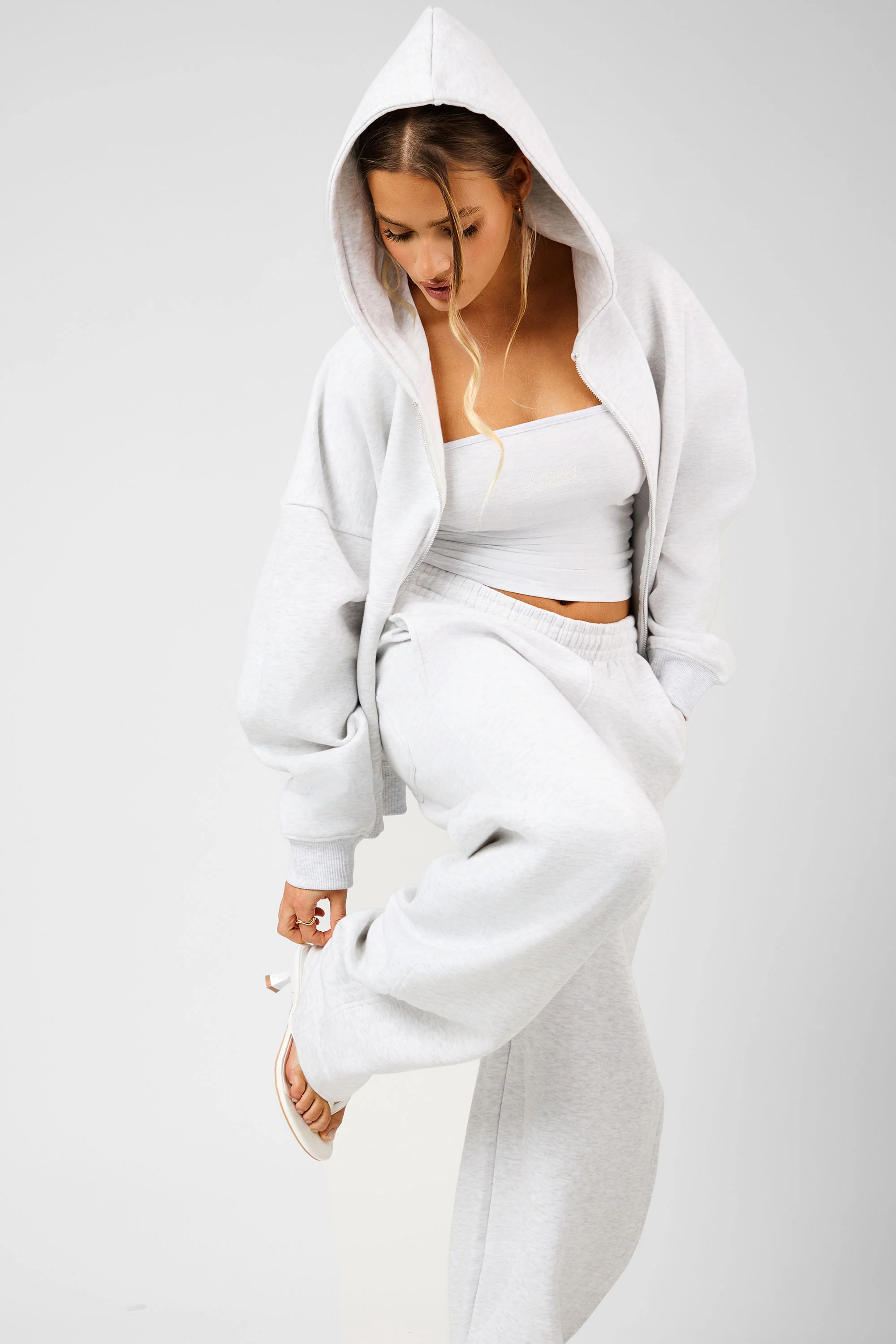 Kaiia Script Logo Oversized Double Ended Zip Through Hoodie Light Grey Marl - Image 6
