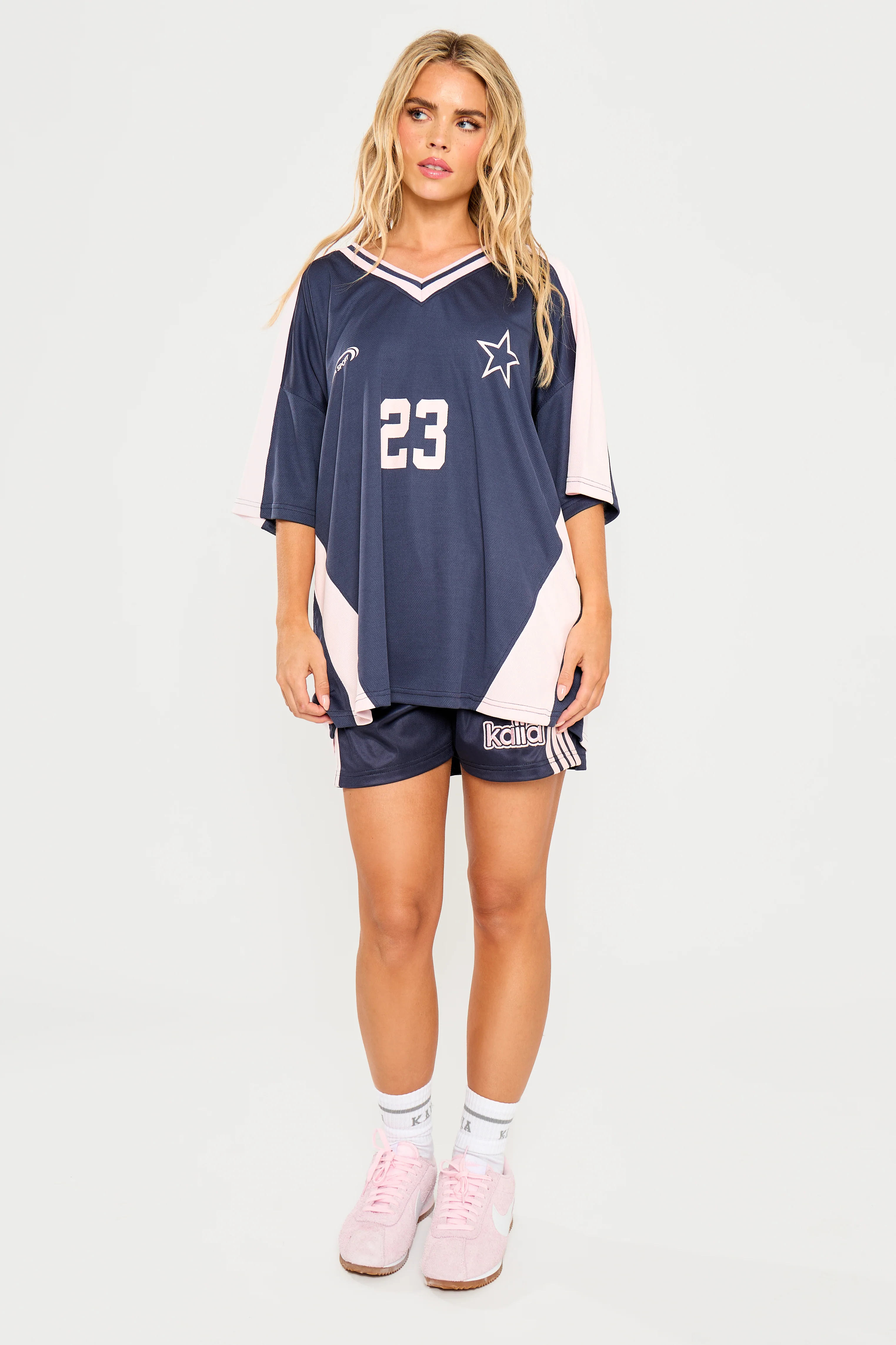 Kaiia Oversized Football Shirt Navy & Pink - Image 3