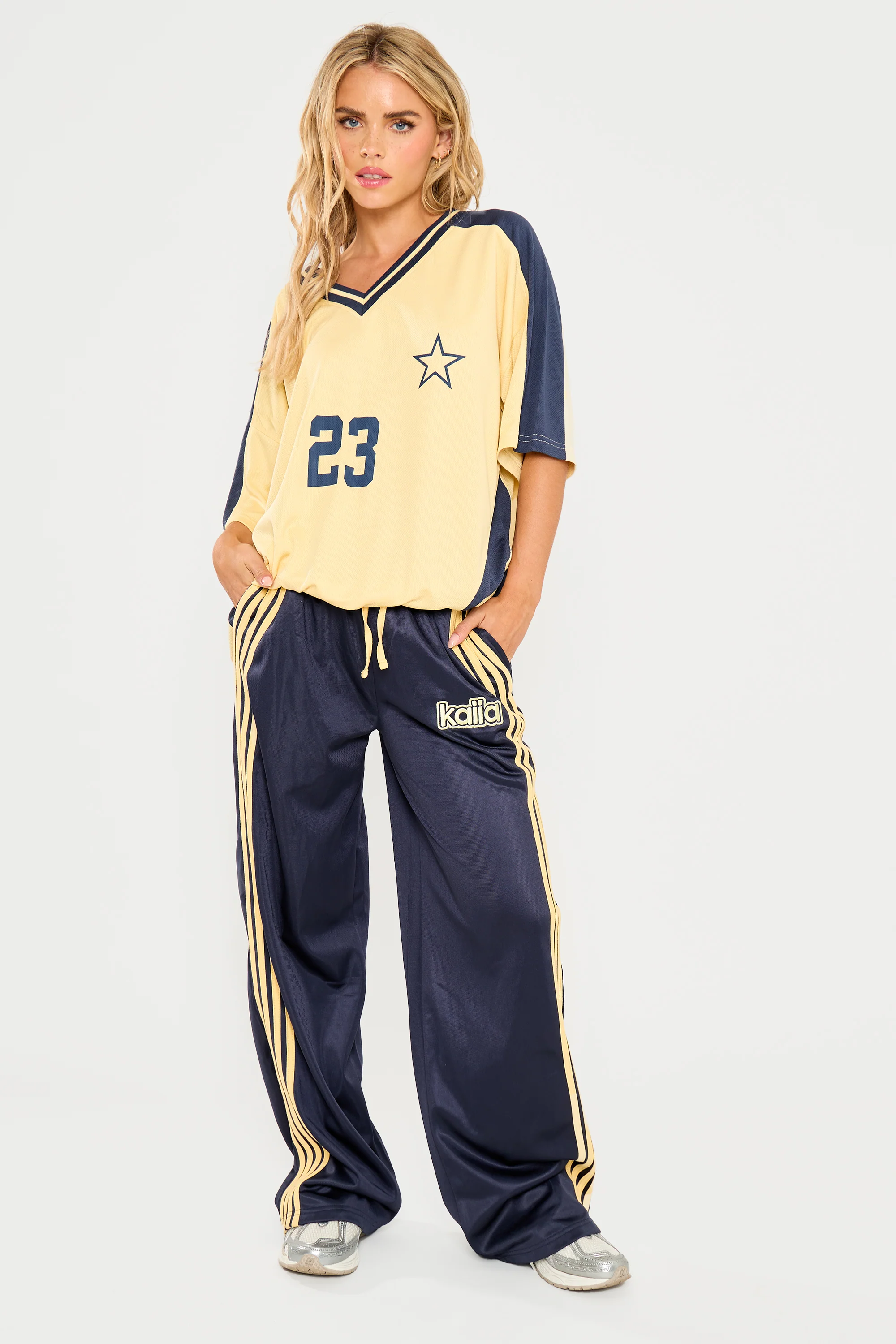 Kaiia Oversized Football Shirt Yellow & Navy - Image 3