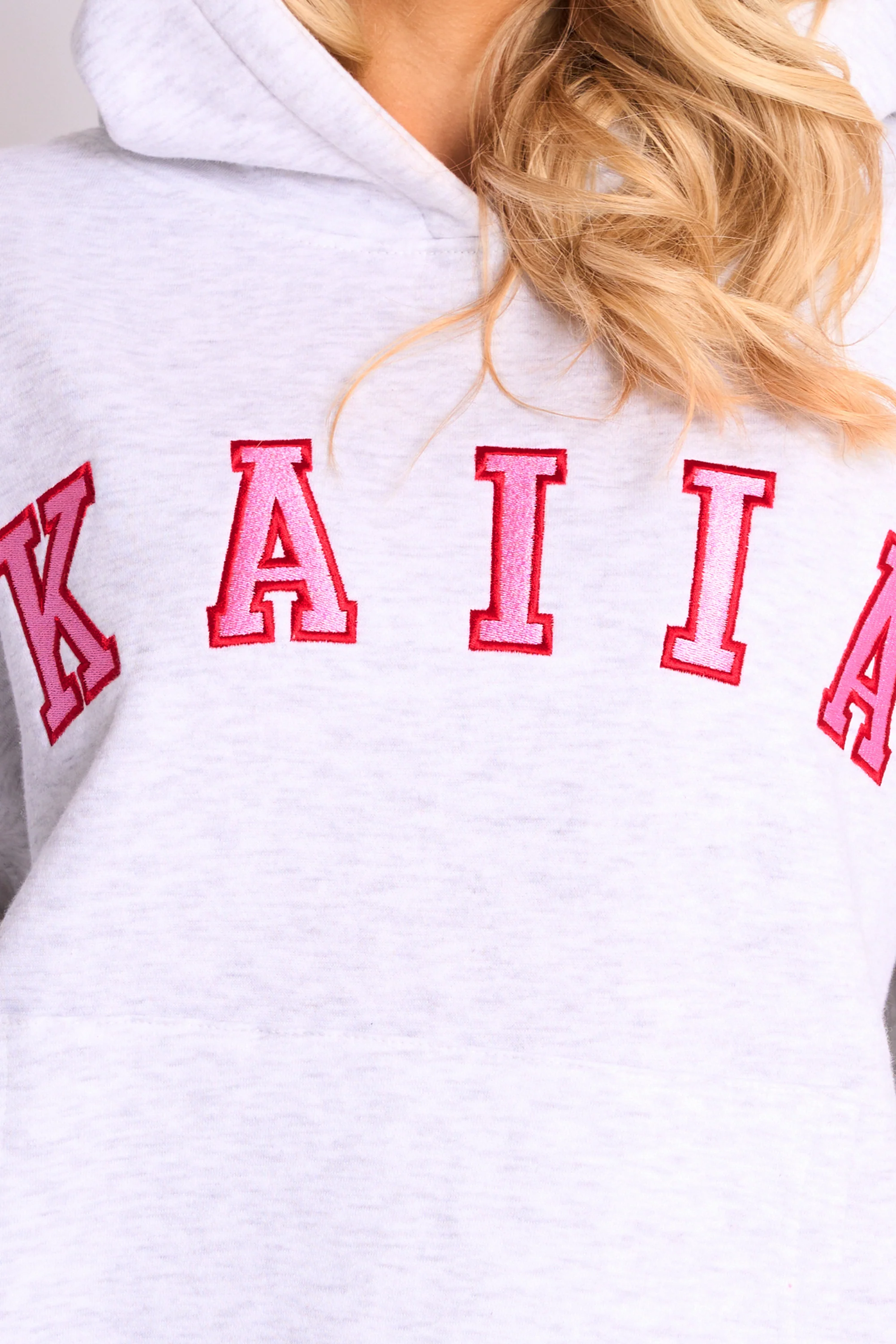 Kaiia Slogan Oversized Hoodie Light Grey Marl & Pink Contrast - Image 3