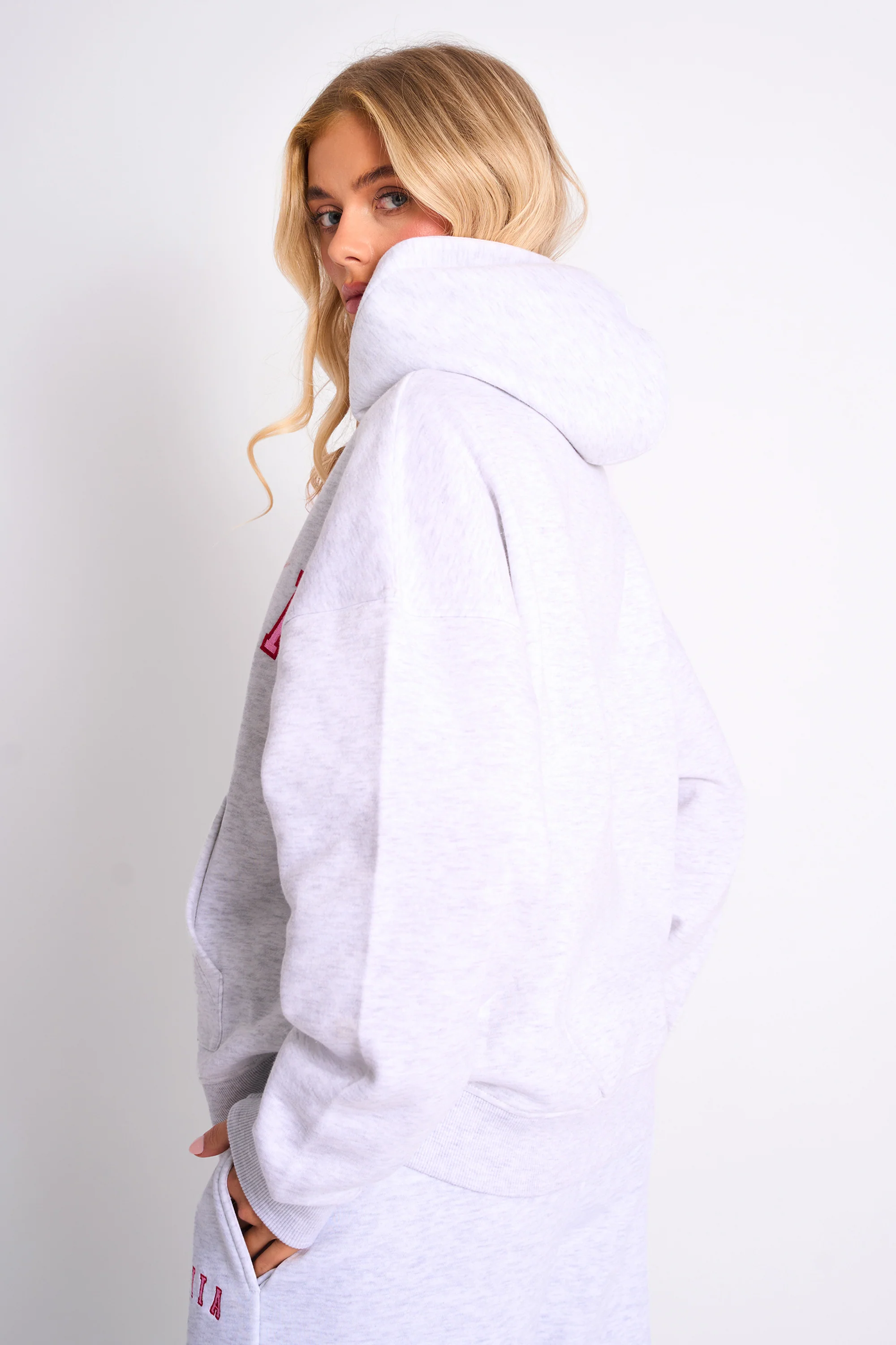 Kaiia Slogan Oversized Hoodie Light Grey Marl & Pink Contrast - Image 4