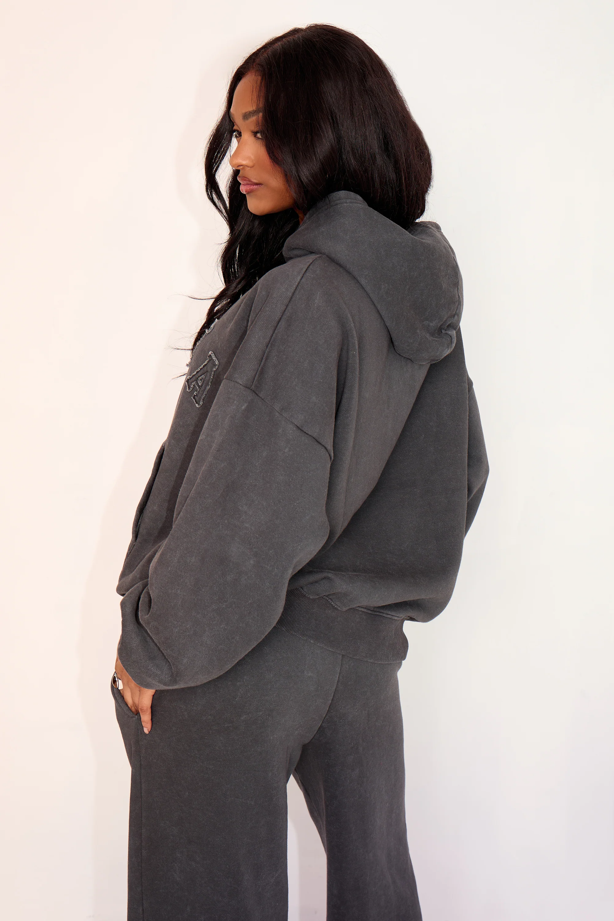 Kaiia Oversized Hoodie With Distressed Applique Washed Black - Image 4