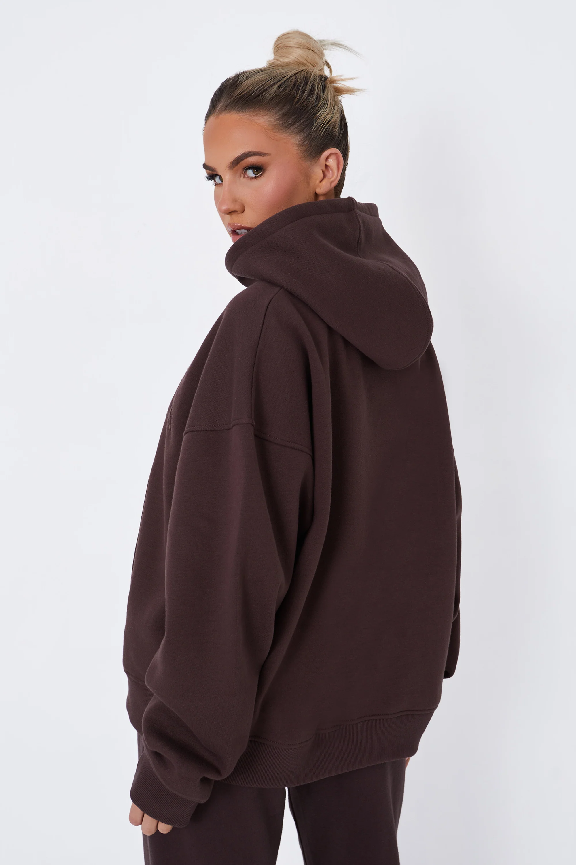 Kaiia Borg Slogan Oversized Hoodie Brown - Image 4