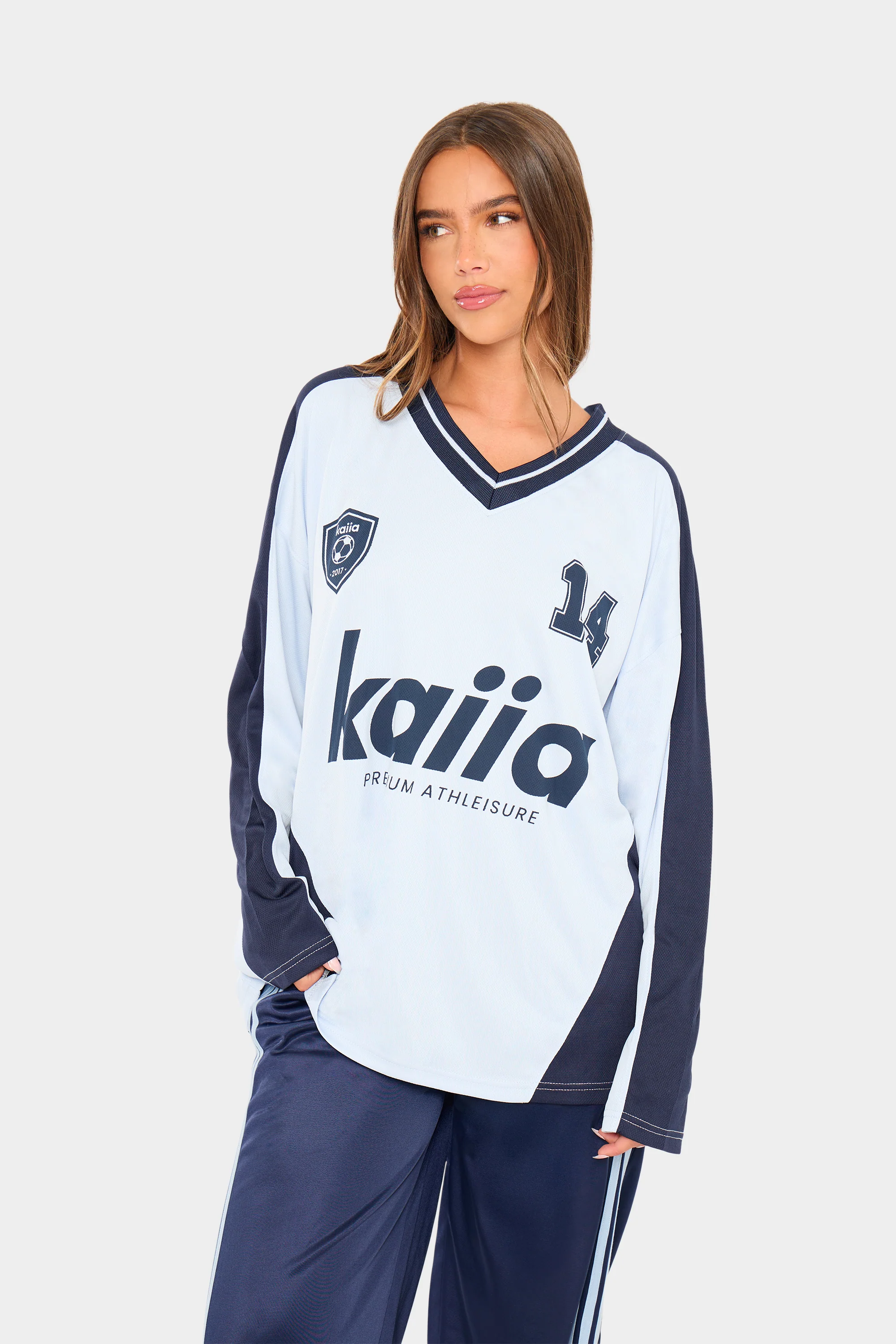 Kaiia Oversized Long Sleeve Football Top Baby Blue & Navy - Image 5