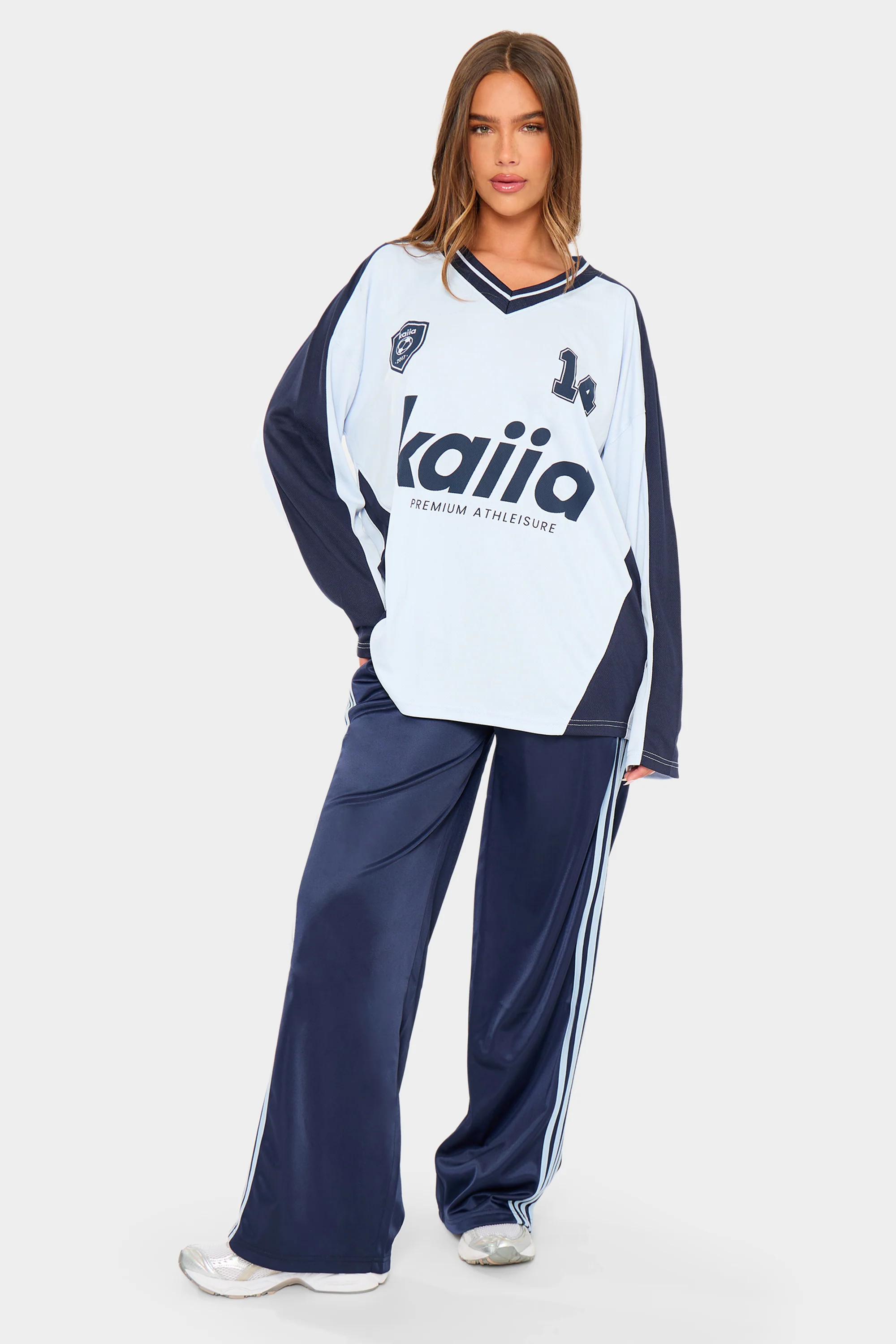 Kaiia Oversized Long Sleeve Football Top Baby Blue & Navy - Image 7
