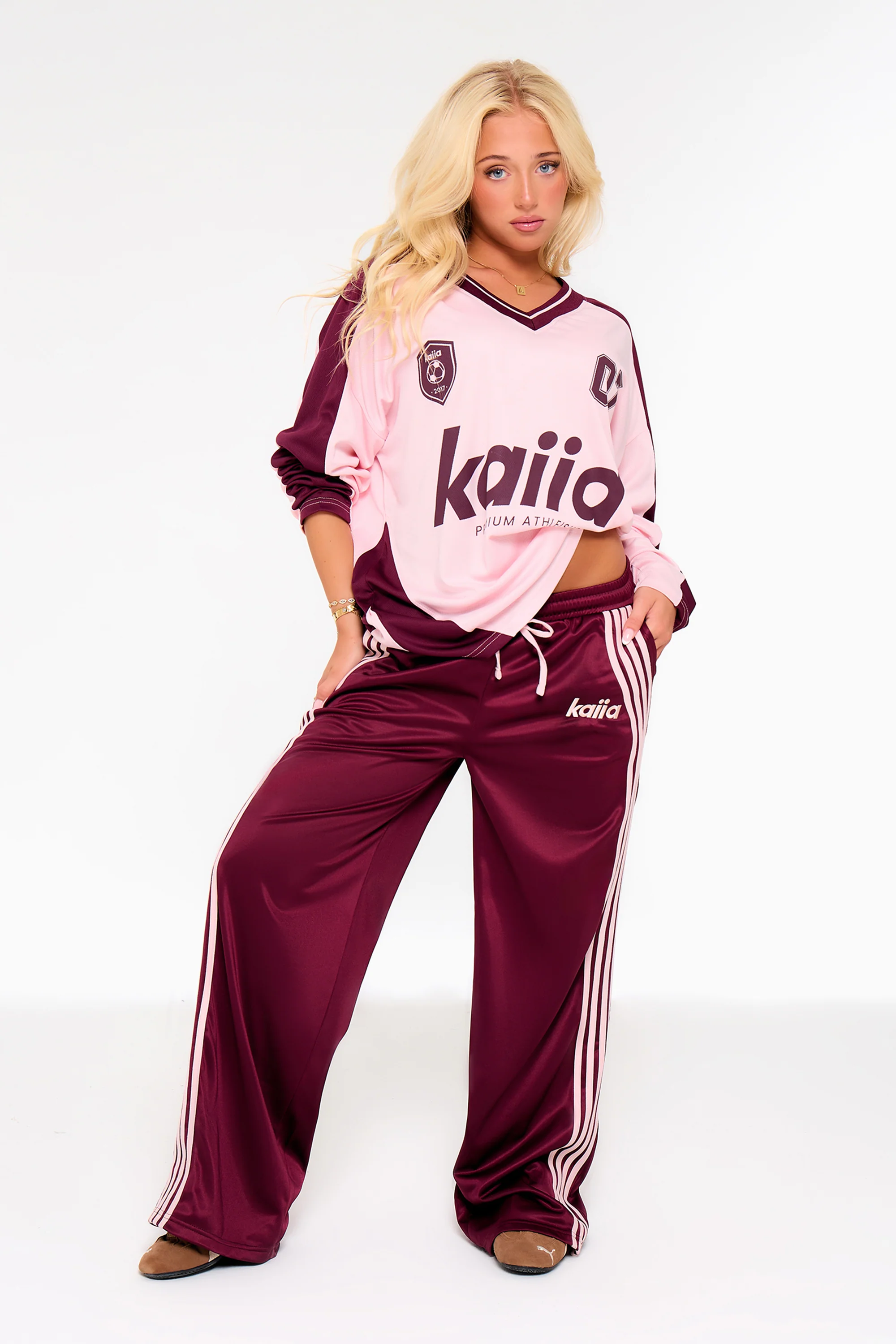 Kaiia Oversized Long Sleeve Football Top Pink & Burgundy - Image 4