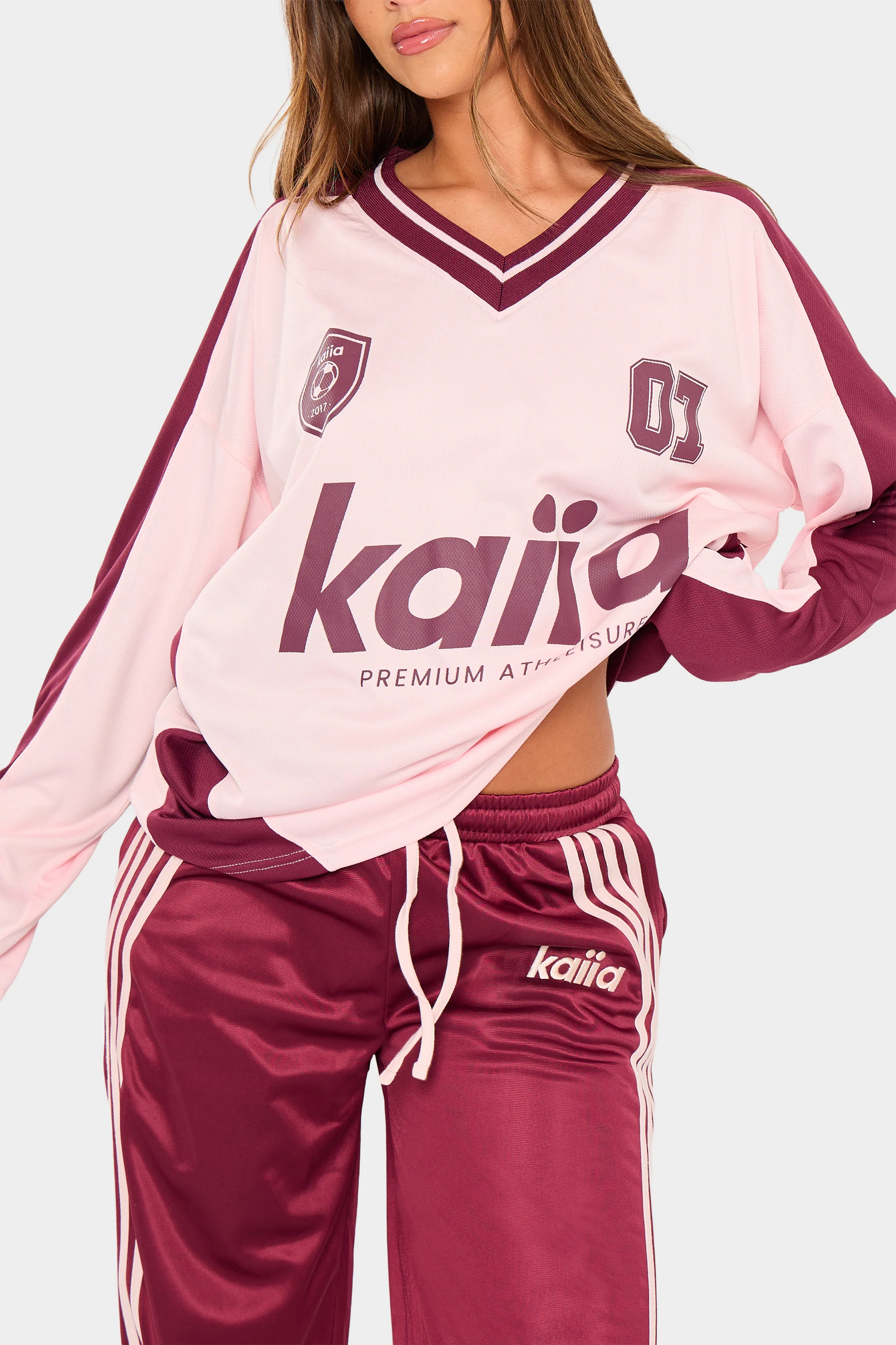 Kaiia Oversized Long Sleeve Football Top Pink & Burgundy - Image 7