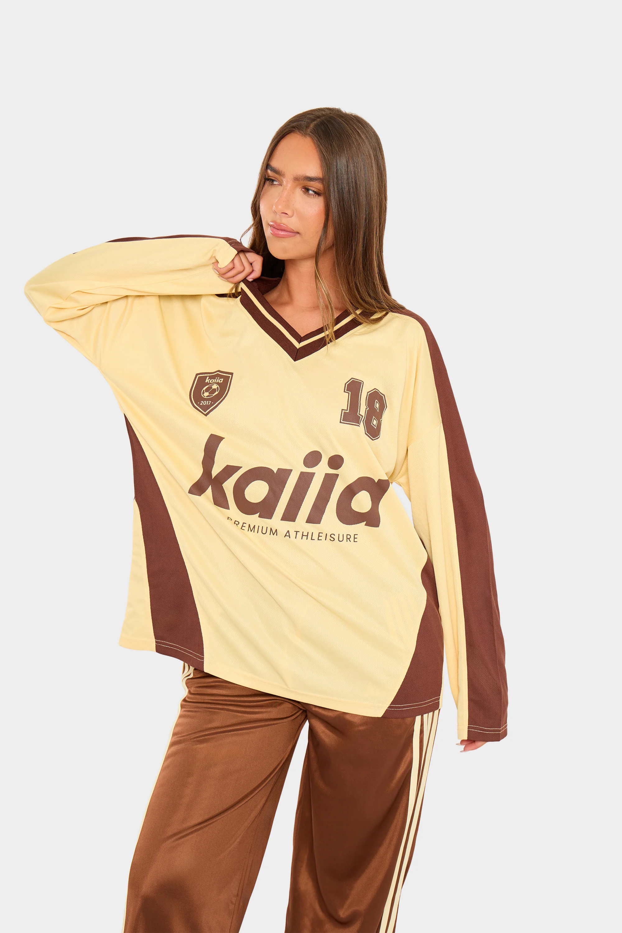 Kaiia Oversized Long Sleeve Football Top Soft Lemon & Chocolate - Image 5