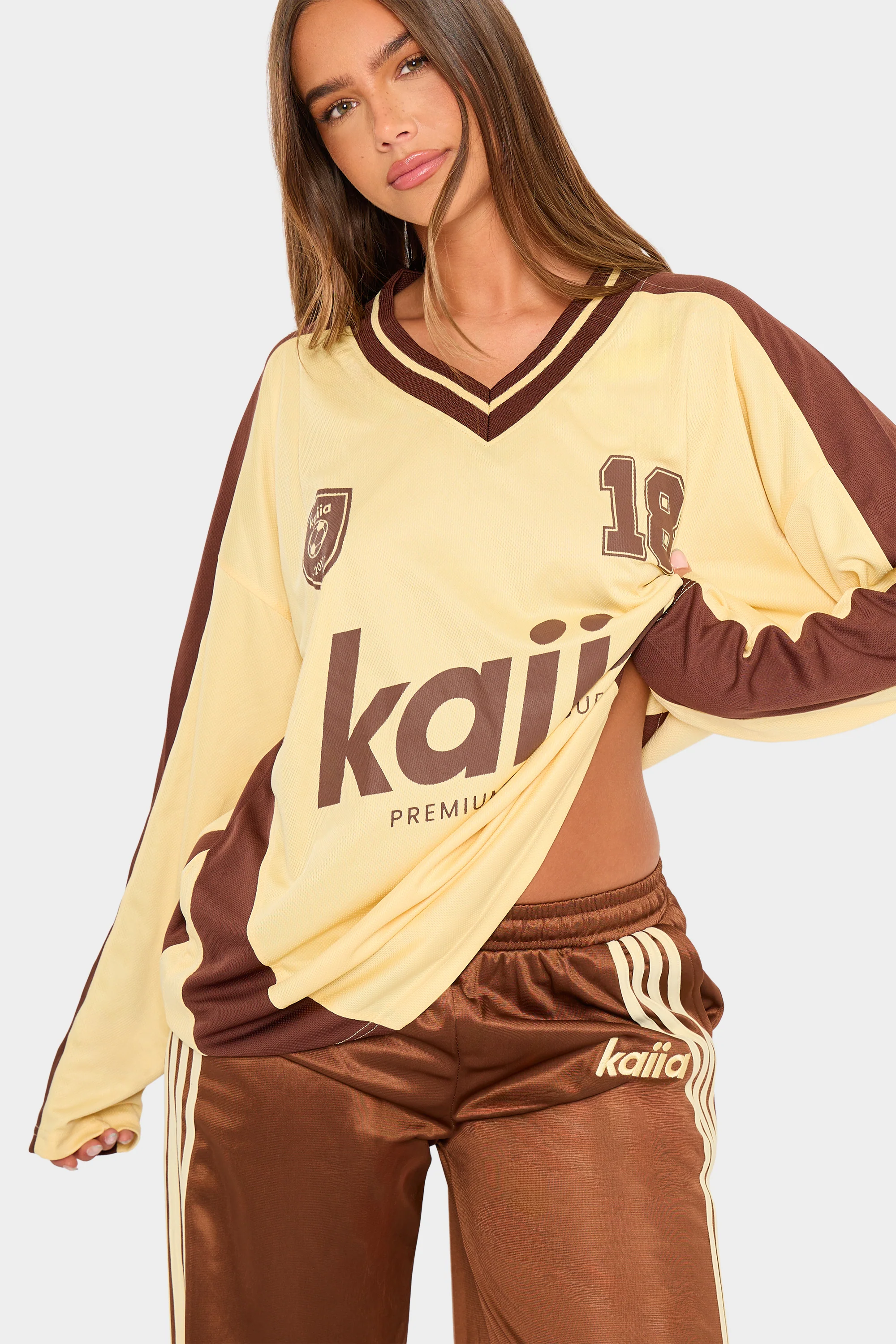 Kaiia Oversized Long Sleeve Football Top Soft Lemon & Chocolate - Image 6