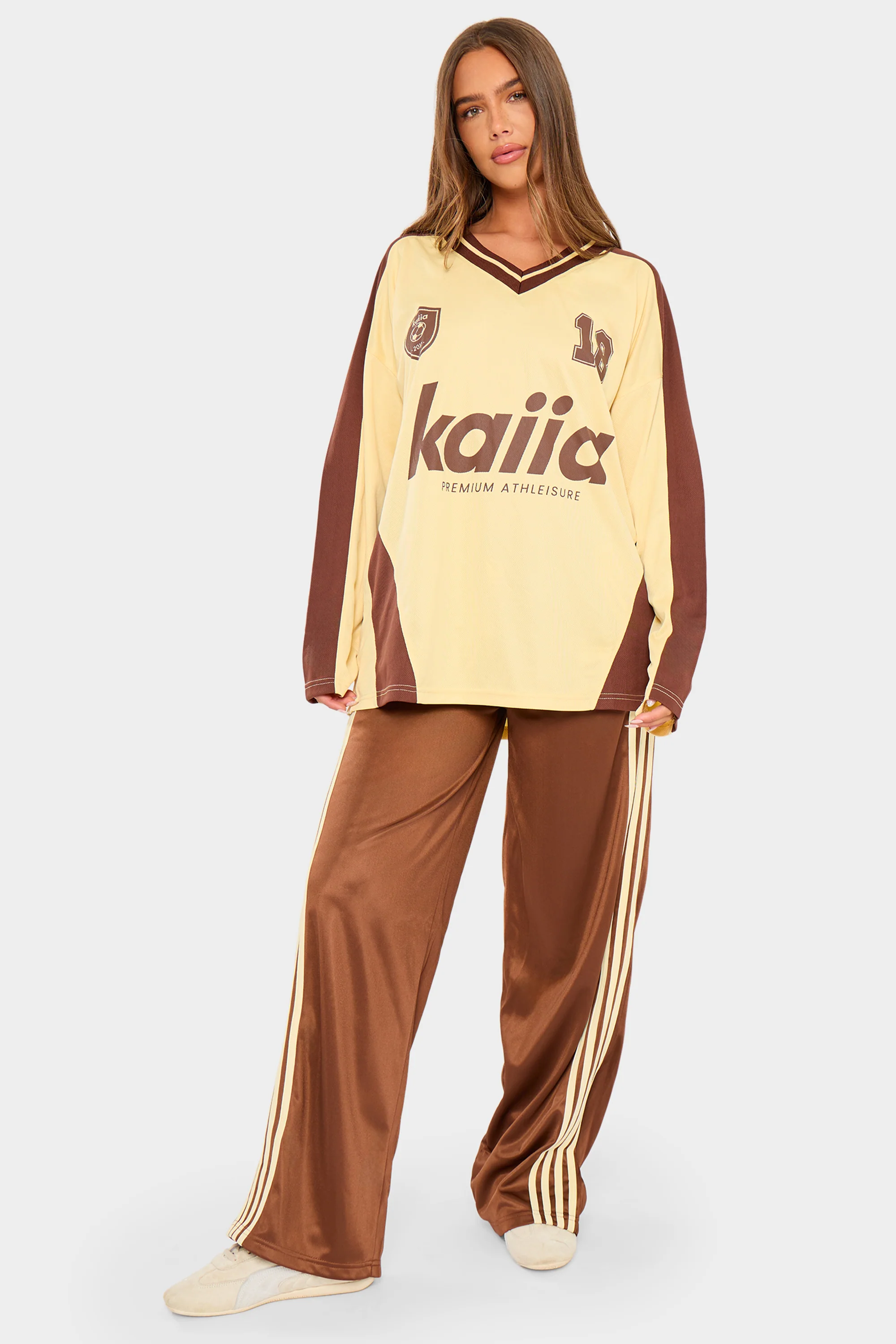 Kaiia Oversized Long Sleeve Football Top Soft Lemon & Chocolate - Image 8