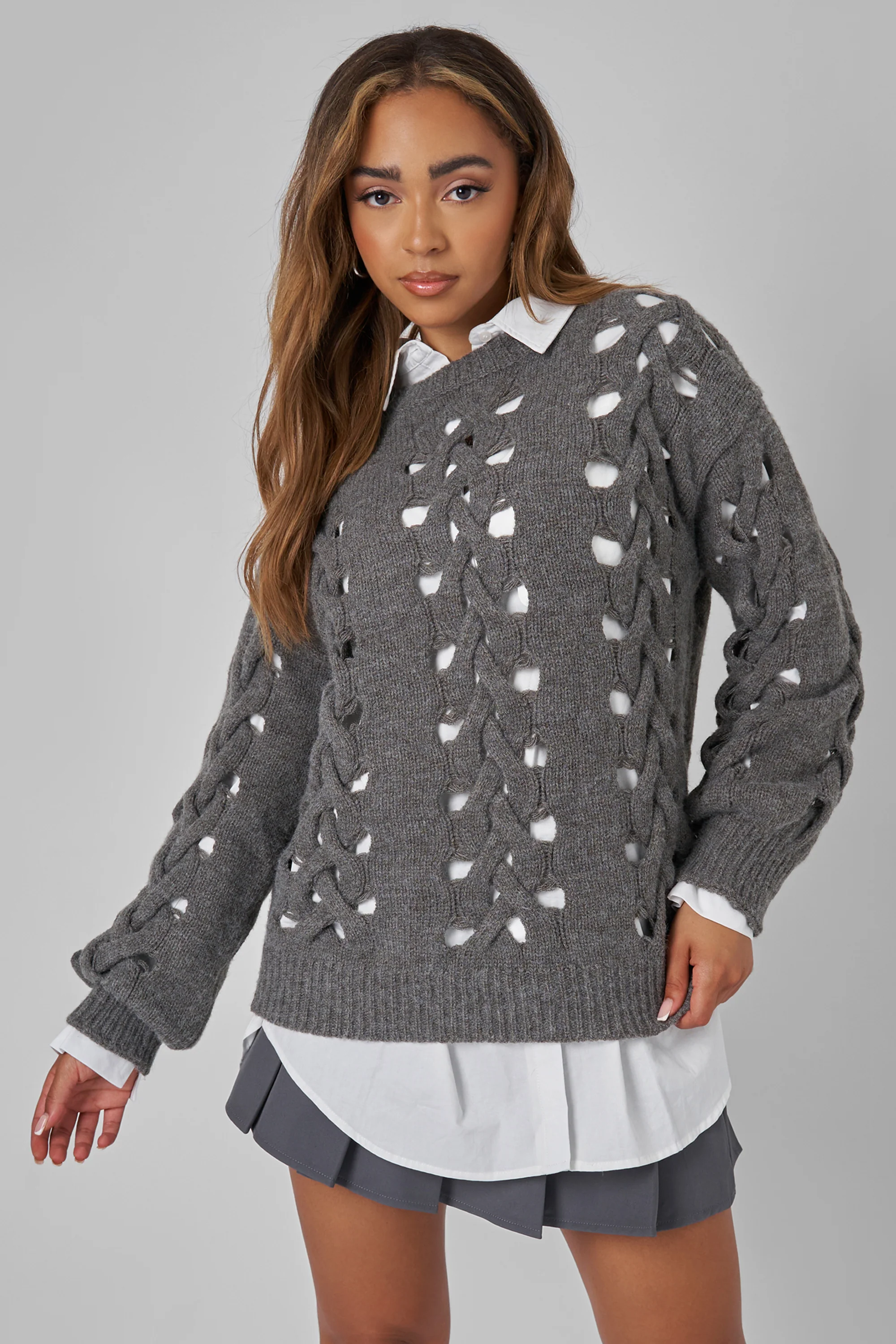 Kaiia Oversized Plaited Jumper in Charcoal - Image 2