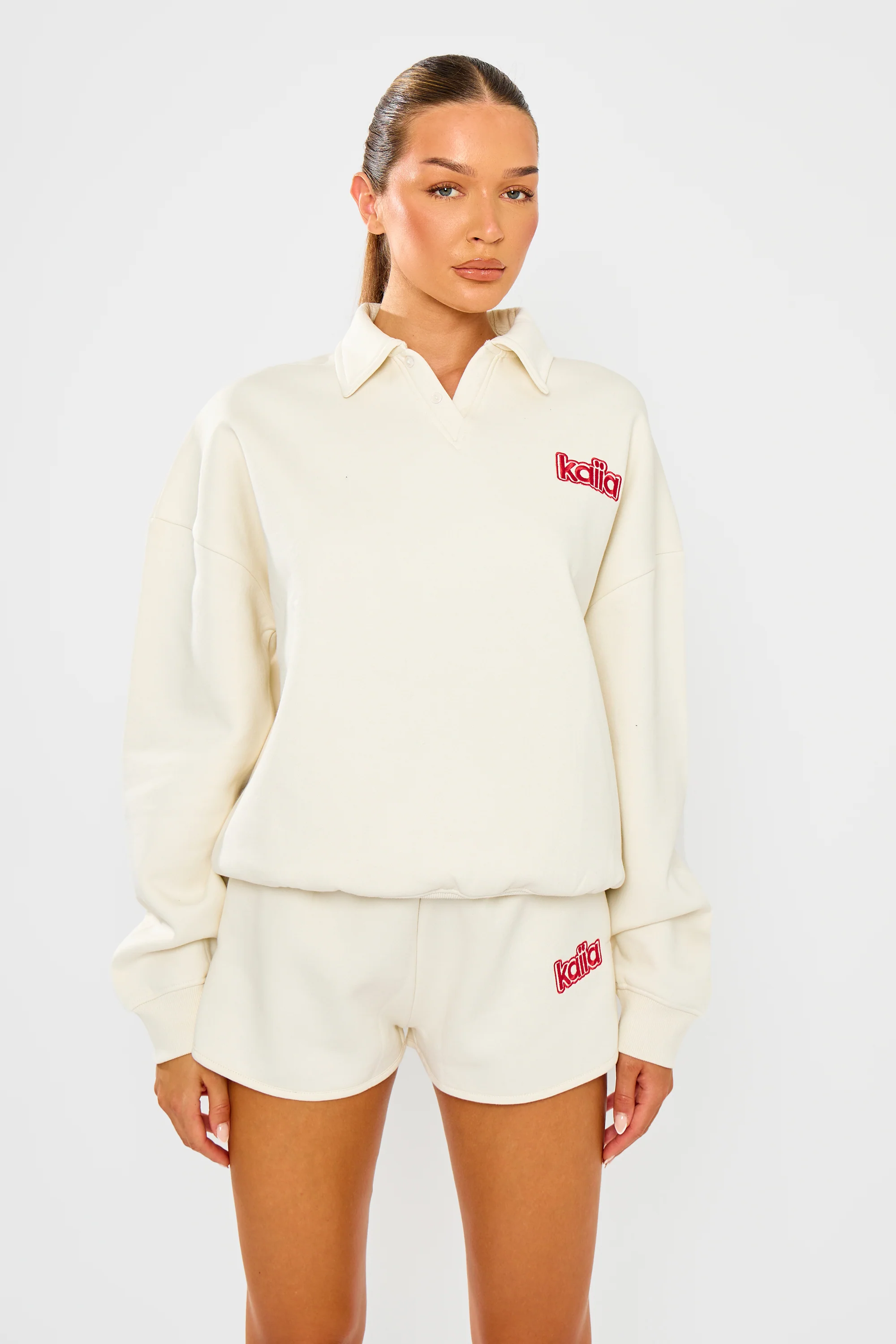 Kaiia Logo Oversized Rugby Sweatshirt Cream & Red - Image 5