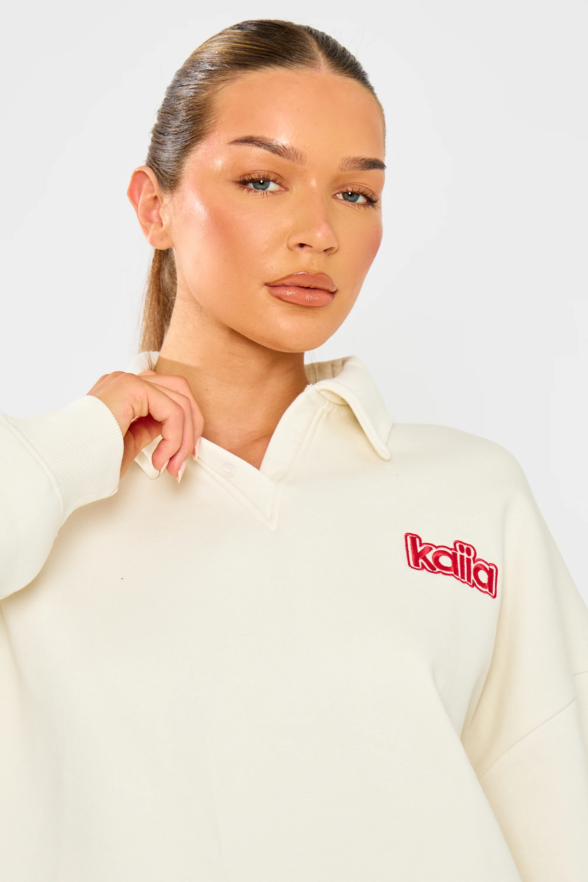 Kaiia Logo Oversized Rugby Sweatshirt Cream & Red - Image 6
